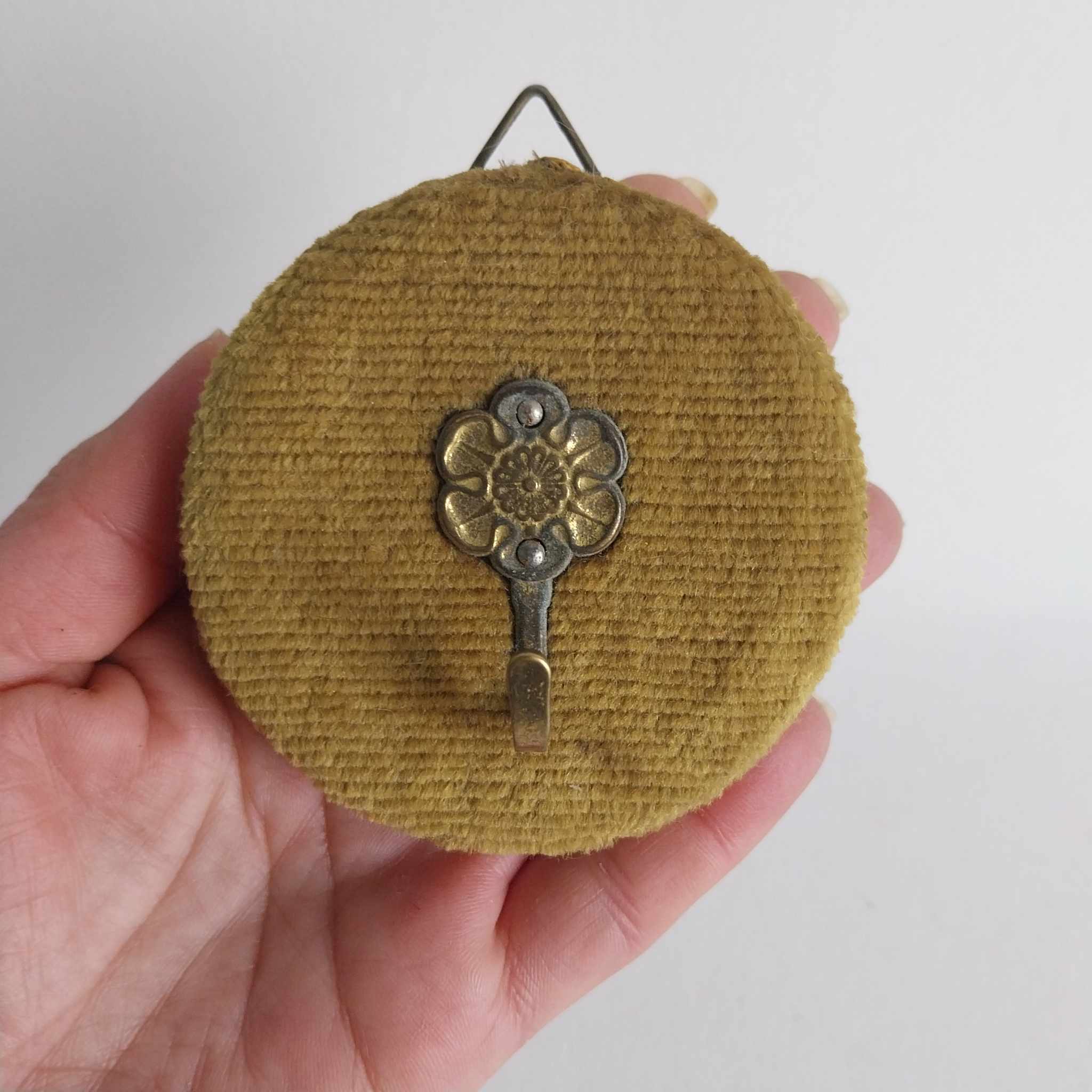 Vintage French wall hook — side view showing chenille texture