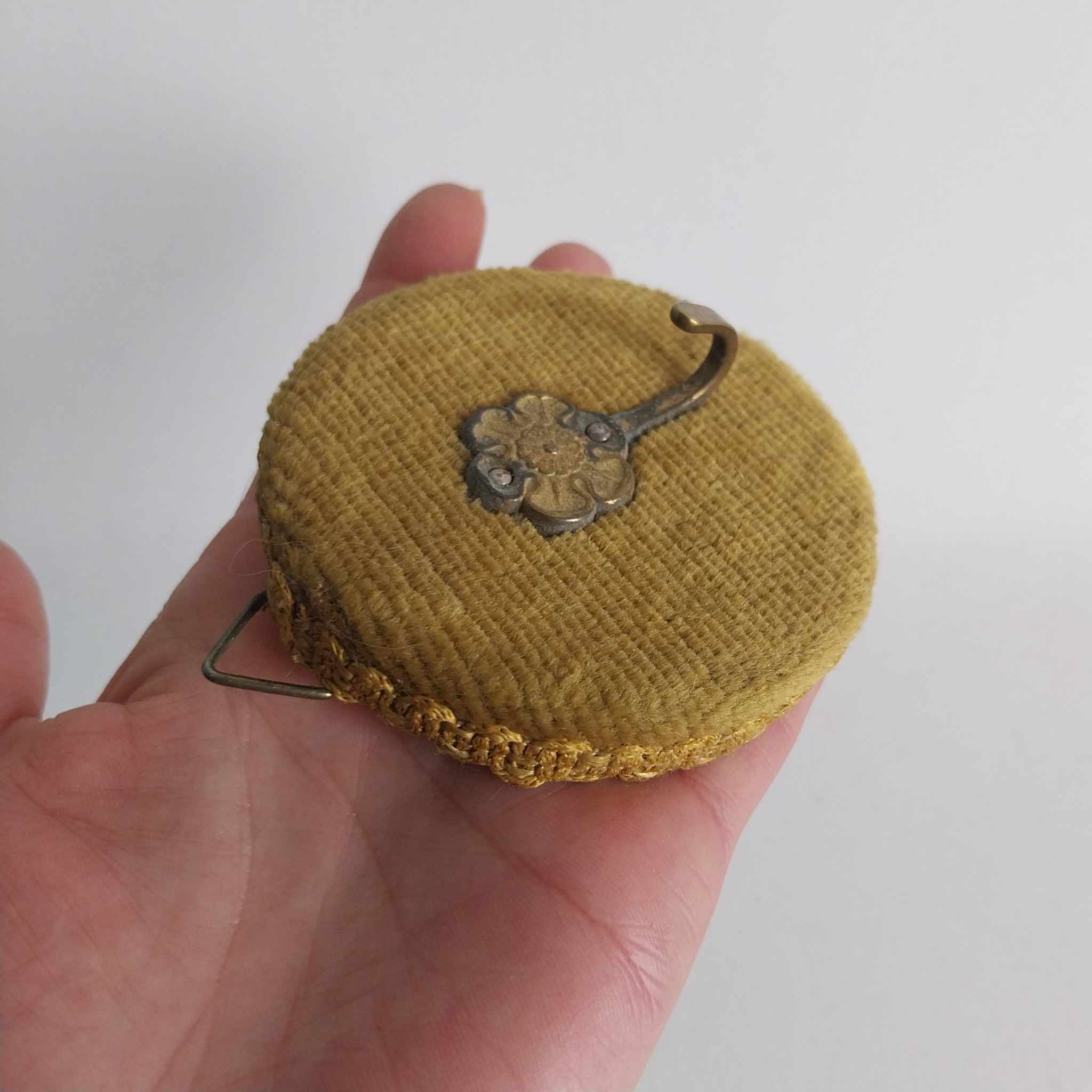 Vintage French Wall Hook — Round Chenille Pad with Brass Flower Medallion