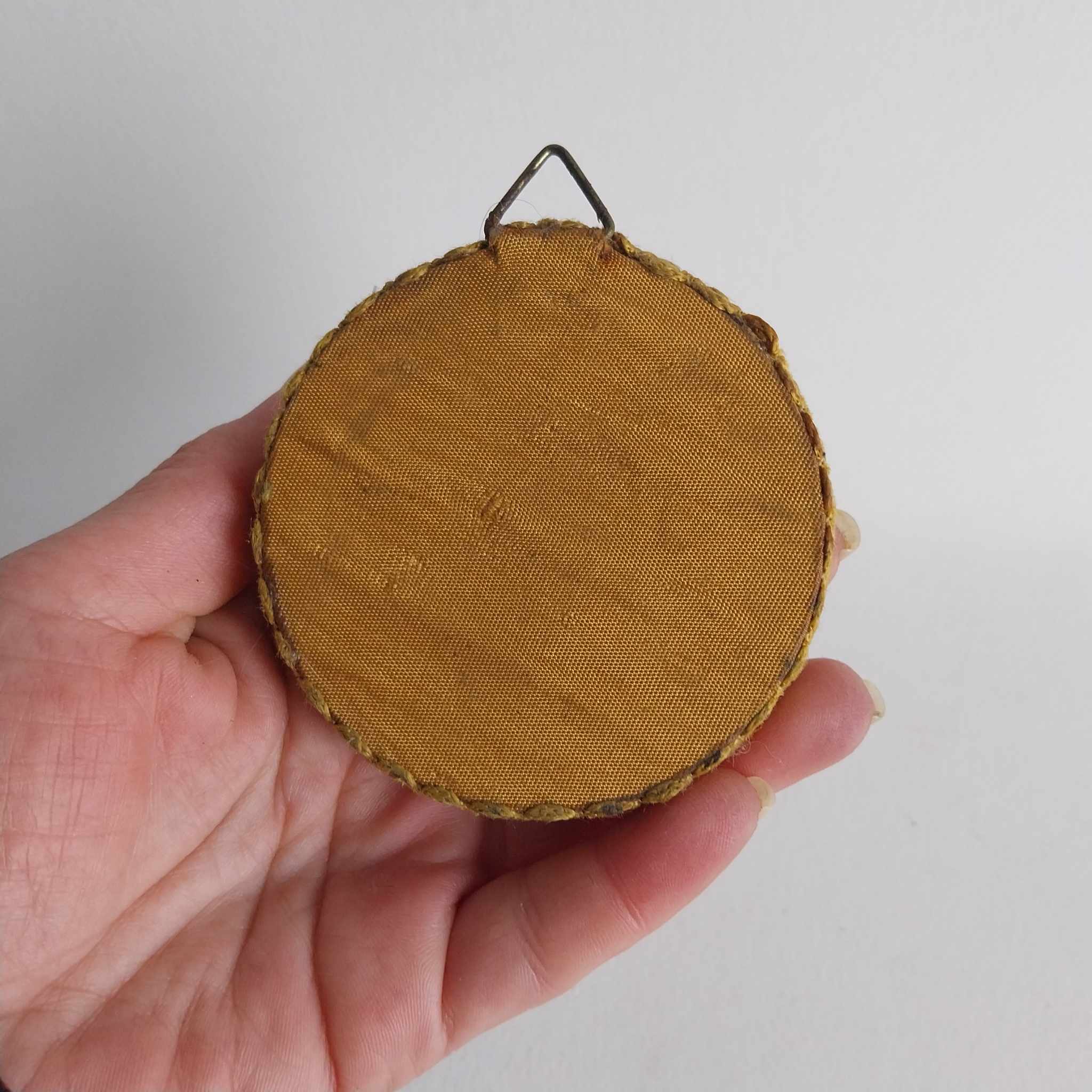 Vintage French Wall Hook — Round Chenille Pad with Brass Flower Medallion