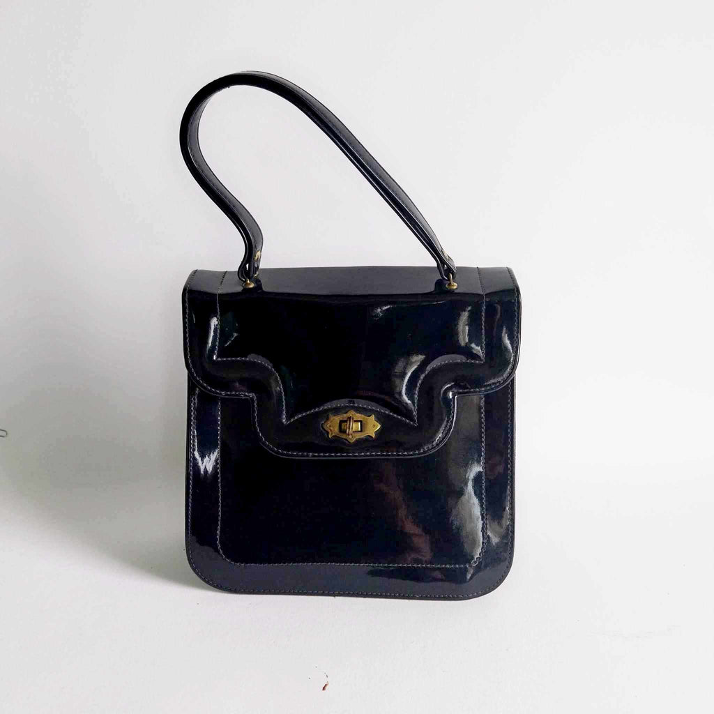 Vintage Black Patent Leather Handbag – Structured Flap Bag with Gold Twist Lock