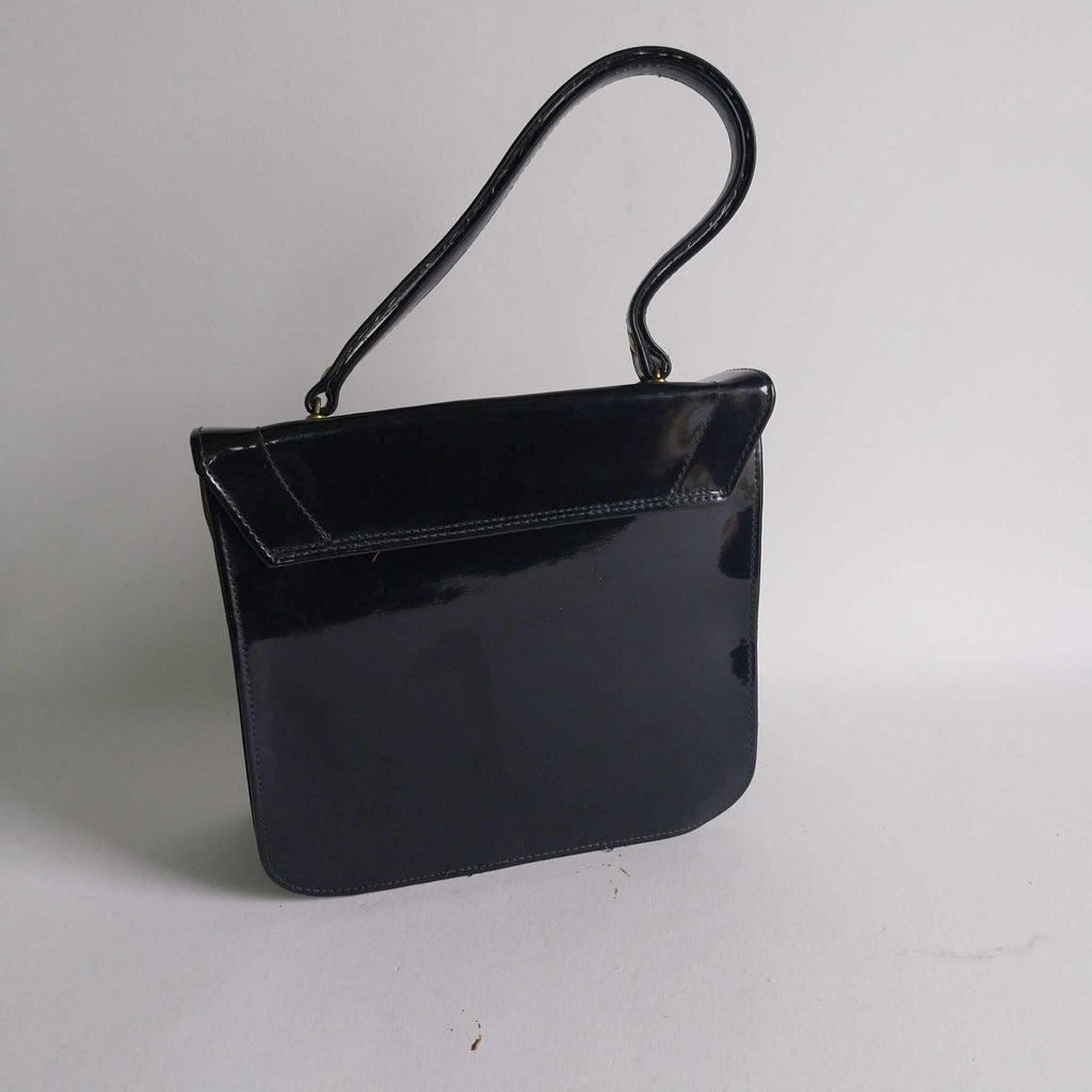 Vintage Black Patent Leather Handbag – Structured Flap Bag with Gold Twist Lock