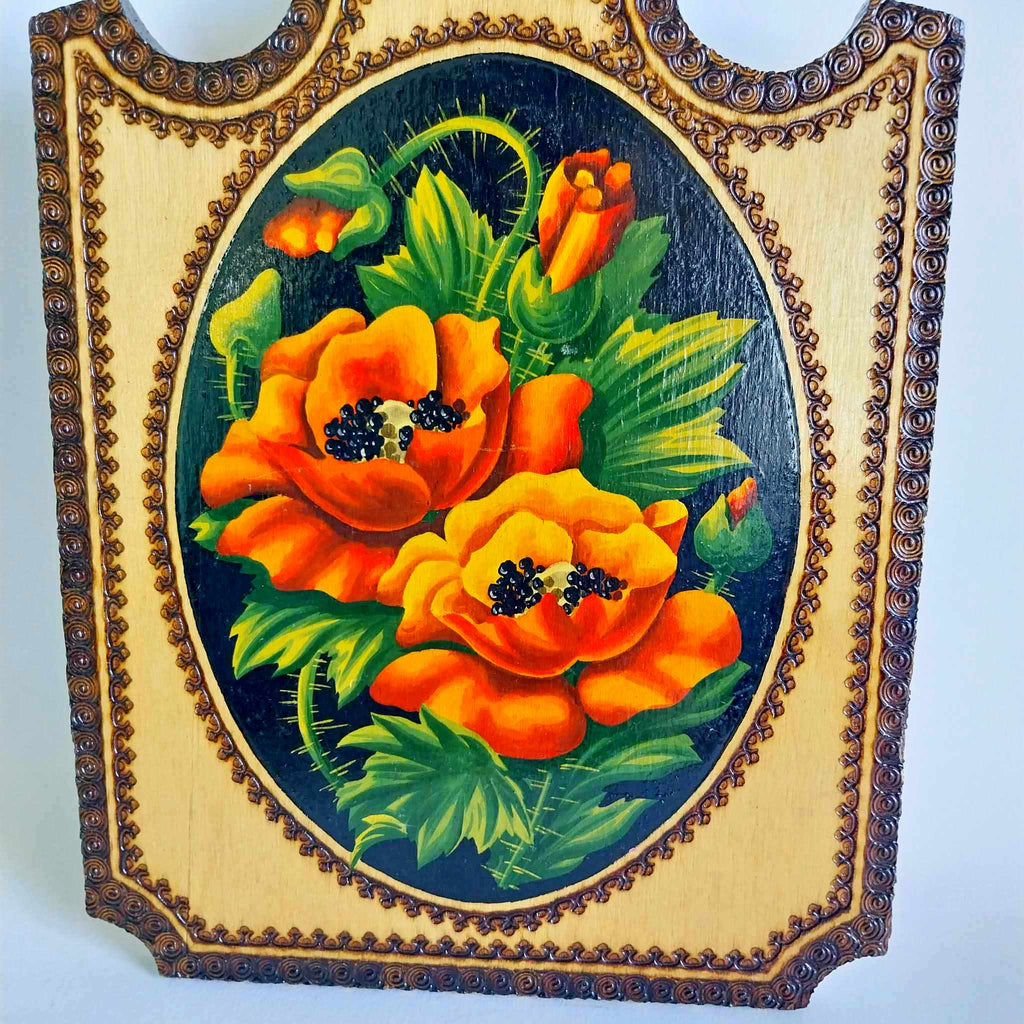 Vintage wooden cutting board from the USSR, hand-painted with poppies