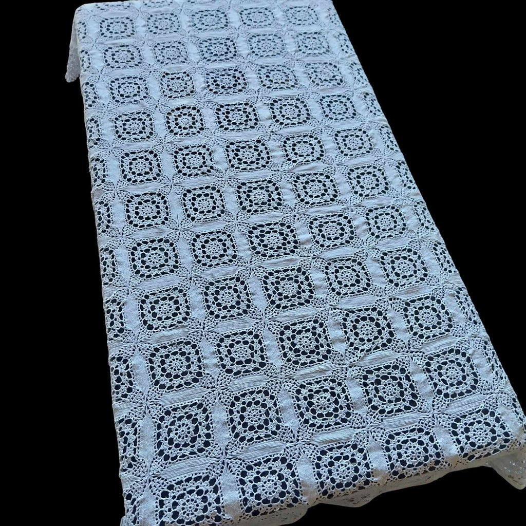 Vintage hand crocheted tablecloth, White rectangular tablecloth