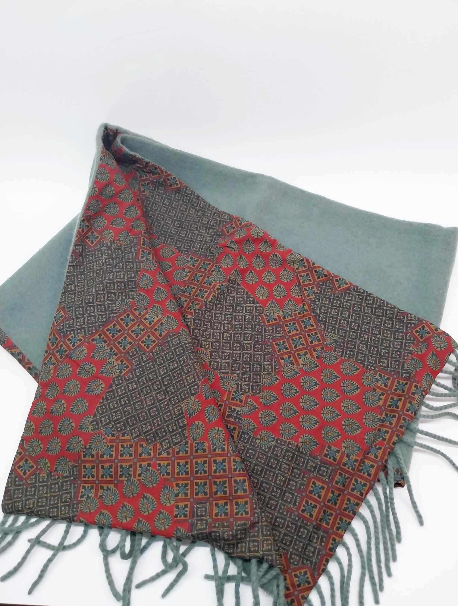 Vintage Hubert Milano Reversible Scarf – Oriental Paisley Print & Sage Green, Fringed