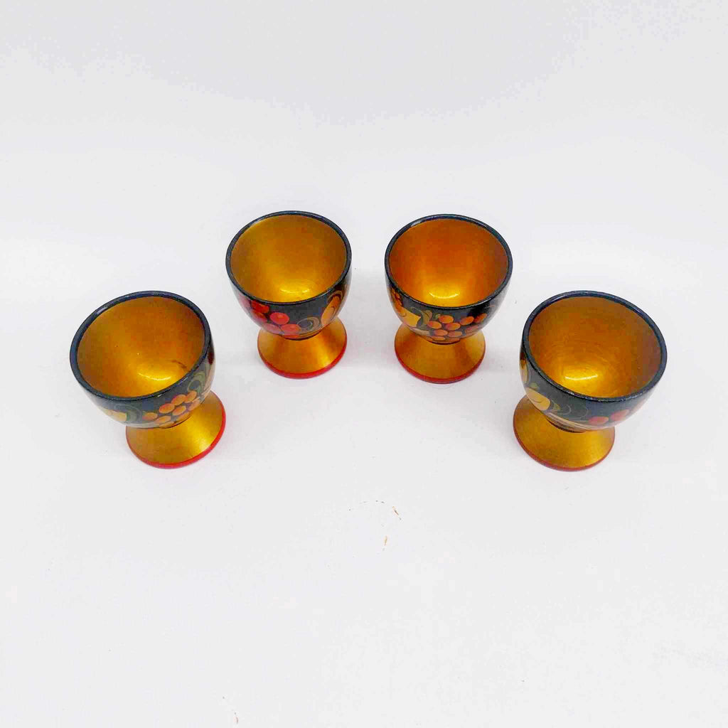 Vintage Russian Khokhloma Egg Cup Set of 4 — Hand-Painted Wood