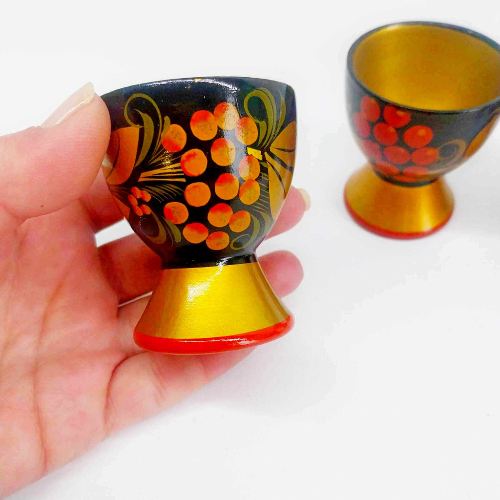 Vintage Russian Khokhloma Egg Cup Set of 4 — Hand-Painted Wood