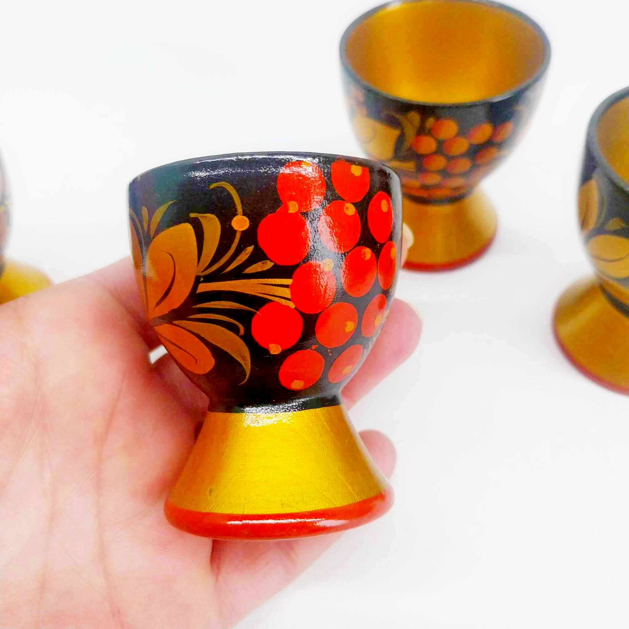 Vintage Russian Khokhloma Egg Cup Set of 4 — Hand-Painted Wood