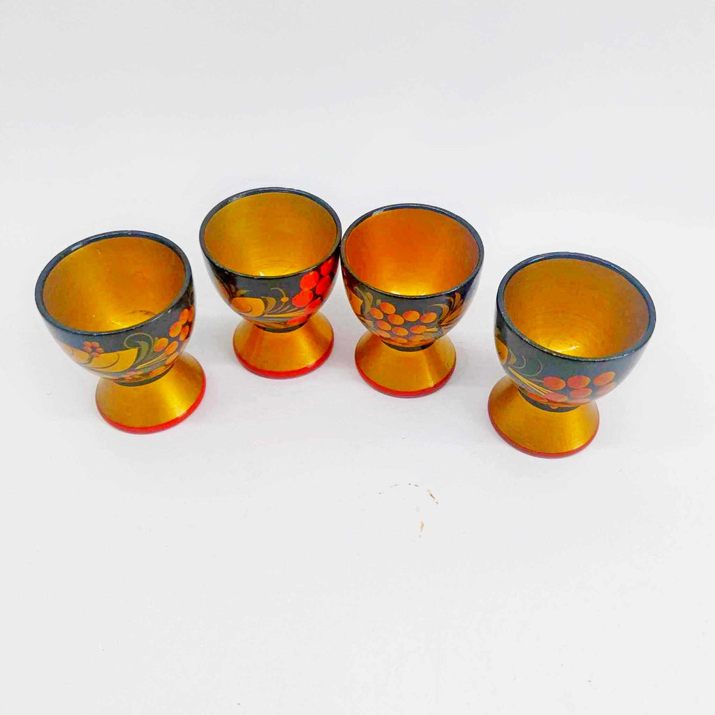 Vintage Russian Khokhloma Egg Cup Set of 4 — Hand-Painted Wood