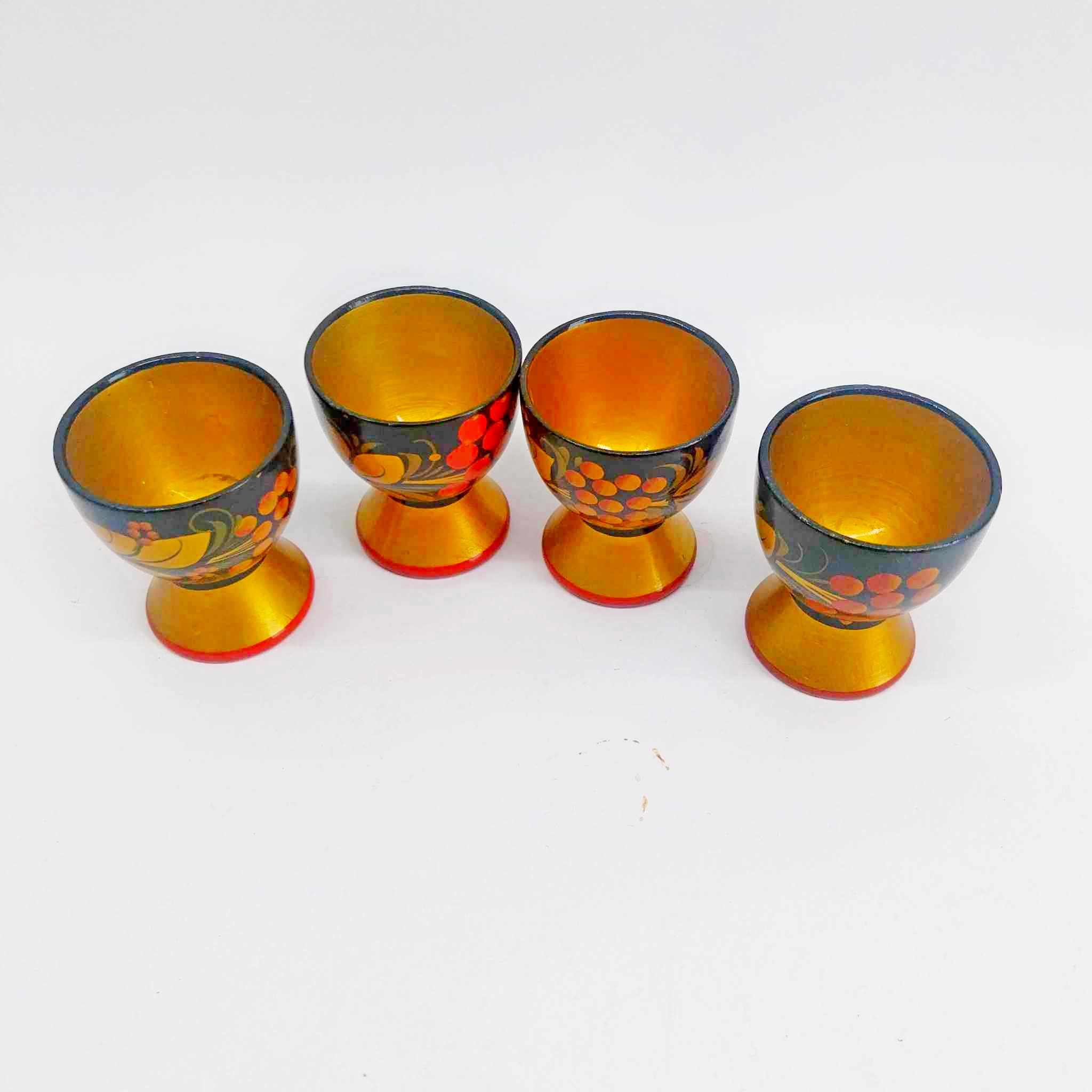 Vintage Russian Khokhloma Egg Cup Set of 4 — Hand-Painted Wood