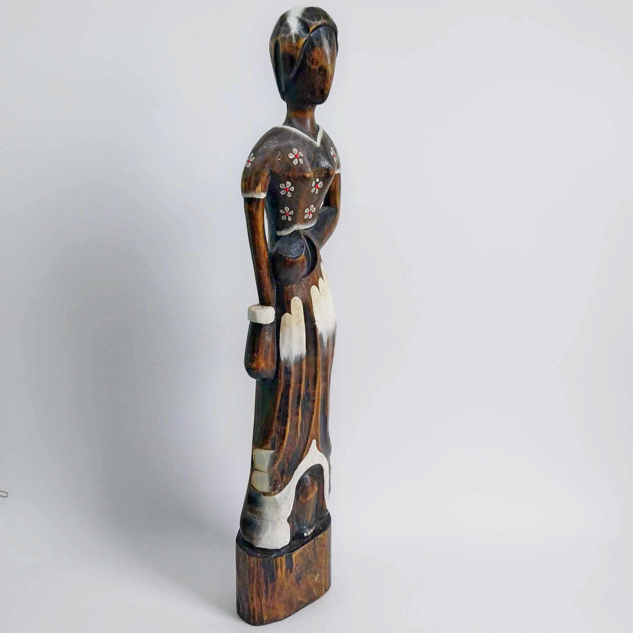 Vintage Tall Wooden Female Figure with Floral Motifs
