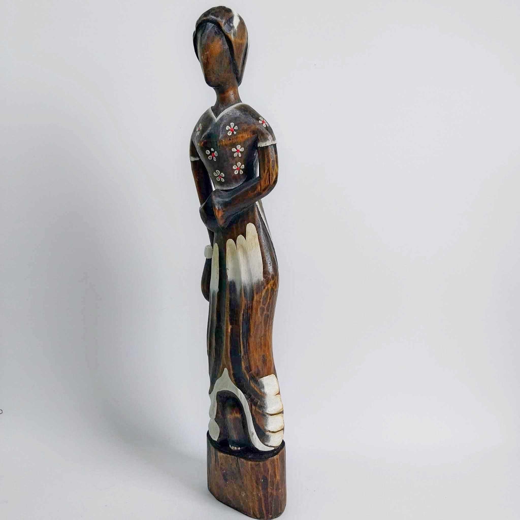 Vintage Tall Wooden Female Figure with Floral Motifs