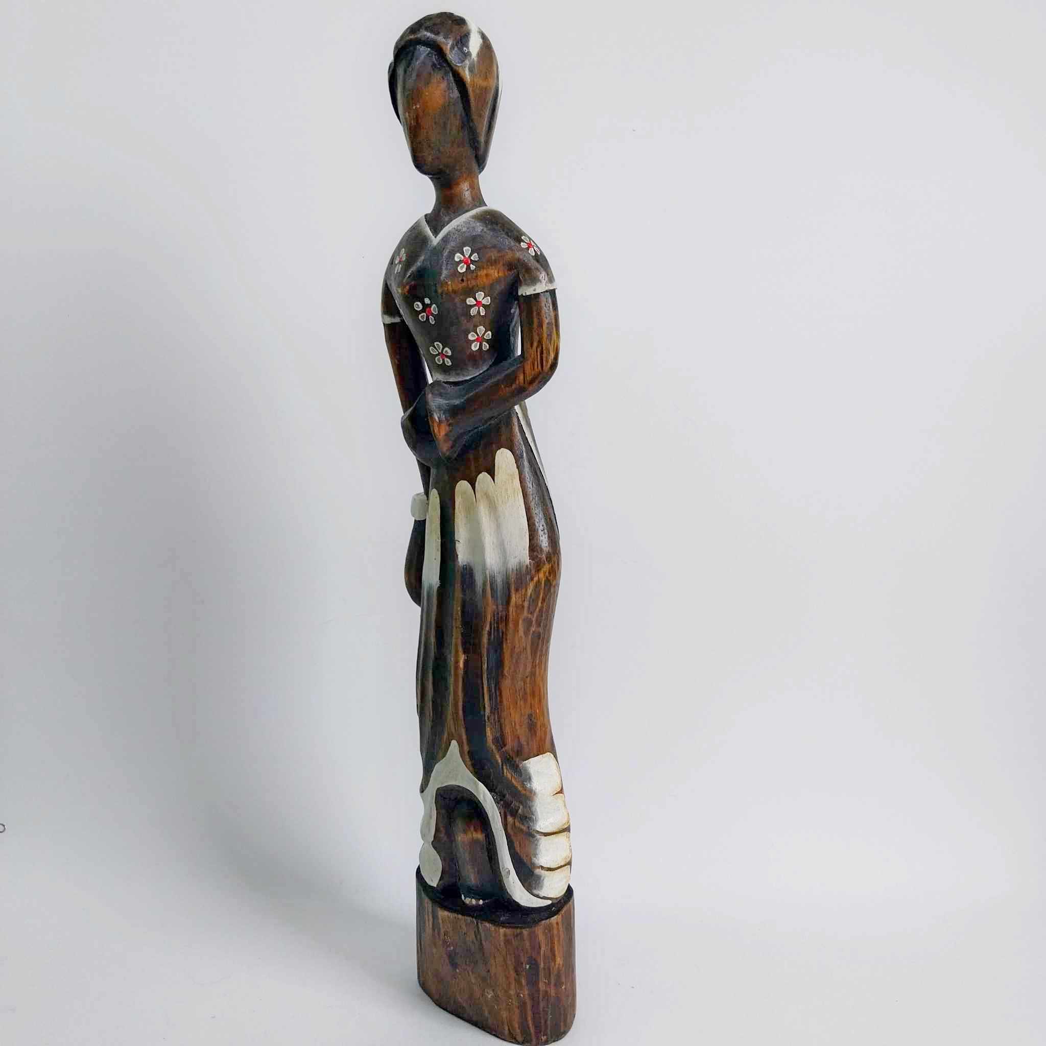 Vintage Tall Wooden Female Figure with Floral Motifs