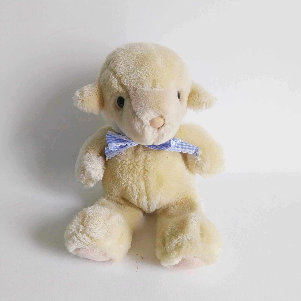 Vintage Heunec Plush Lamb Stuffed Animal 1990s Germany Blue Bow