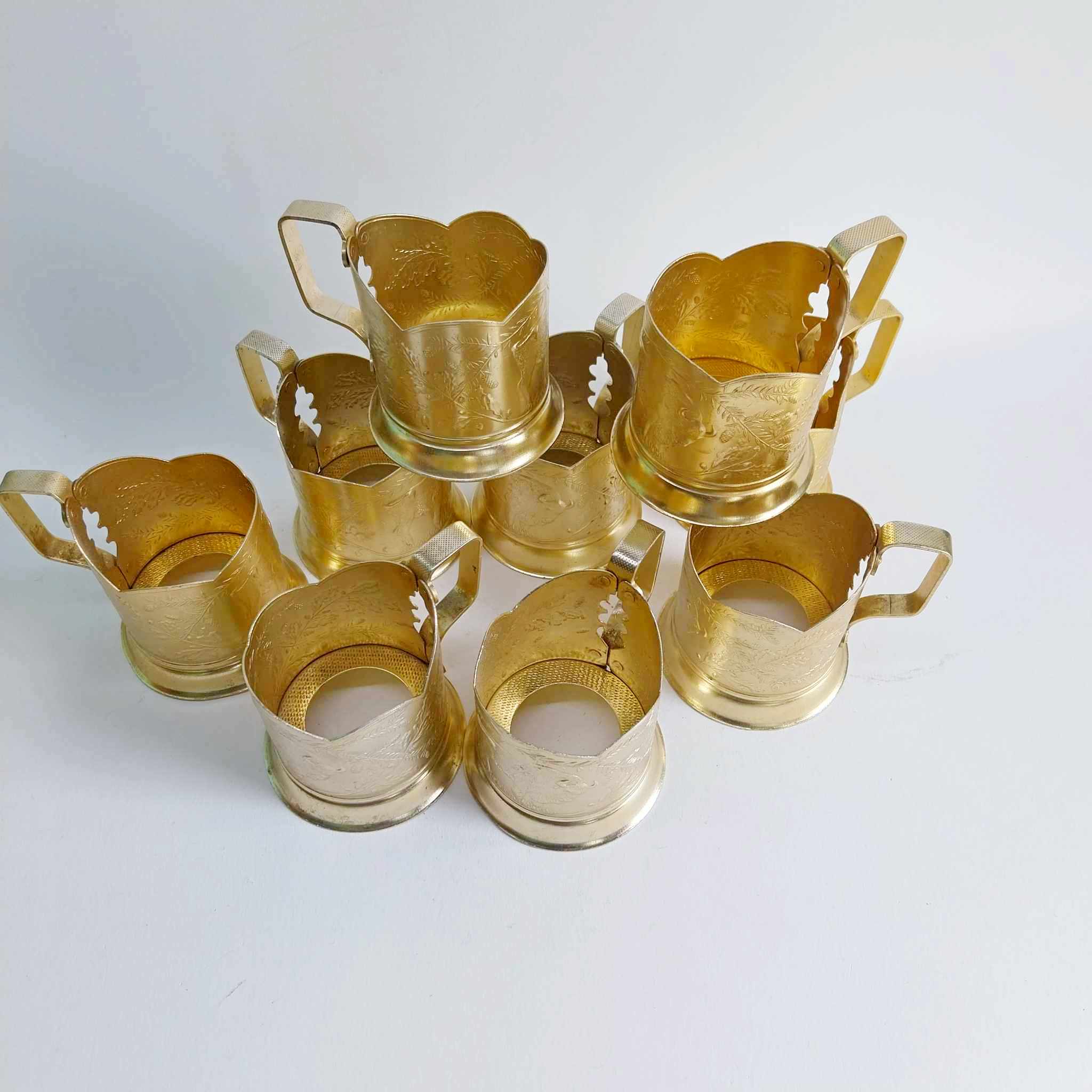 Vintage Soviet Podstakannik Tea Glass Holders — Set of 9, Aluminium