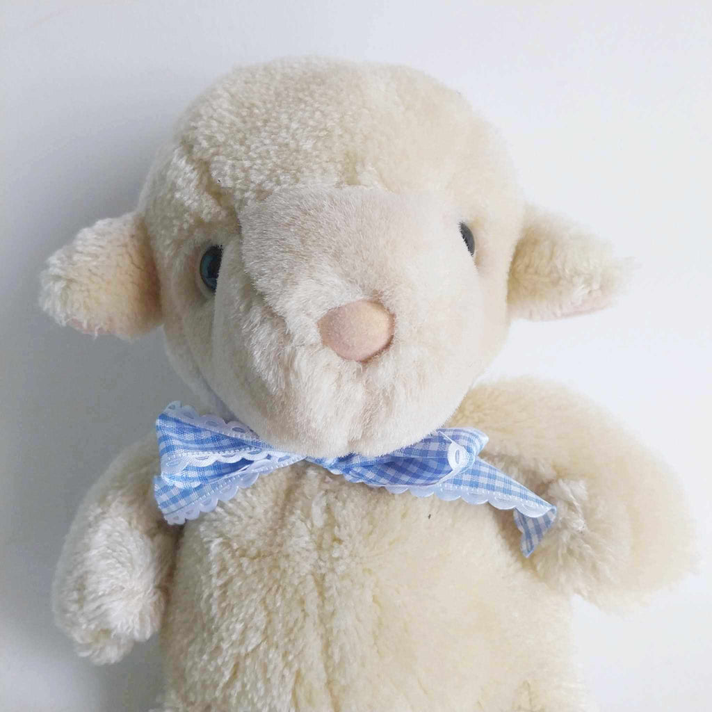 Vintage Heunec Plush Lamb Stuffed Animal 1990s Germany Blue Bow