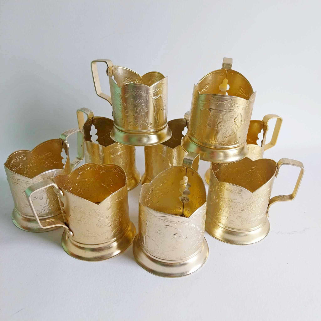 Vintage Soviet Podstakannik Tea Glass Holders — Set of 9, Aluminium