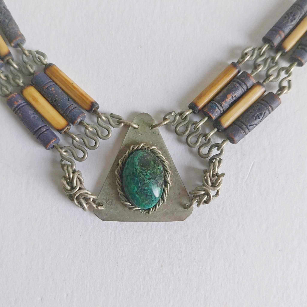 Unique antique necklace with green malachite