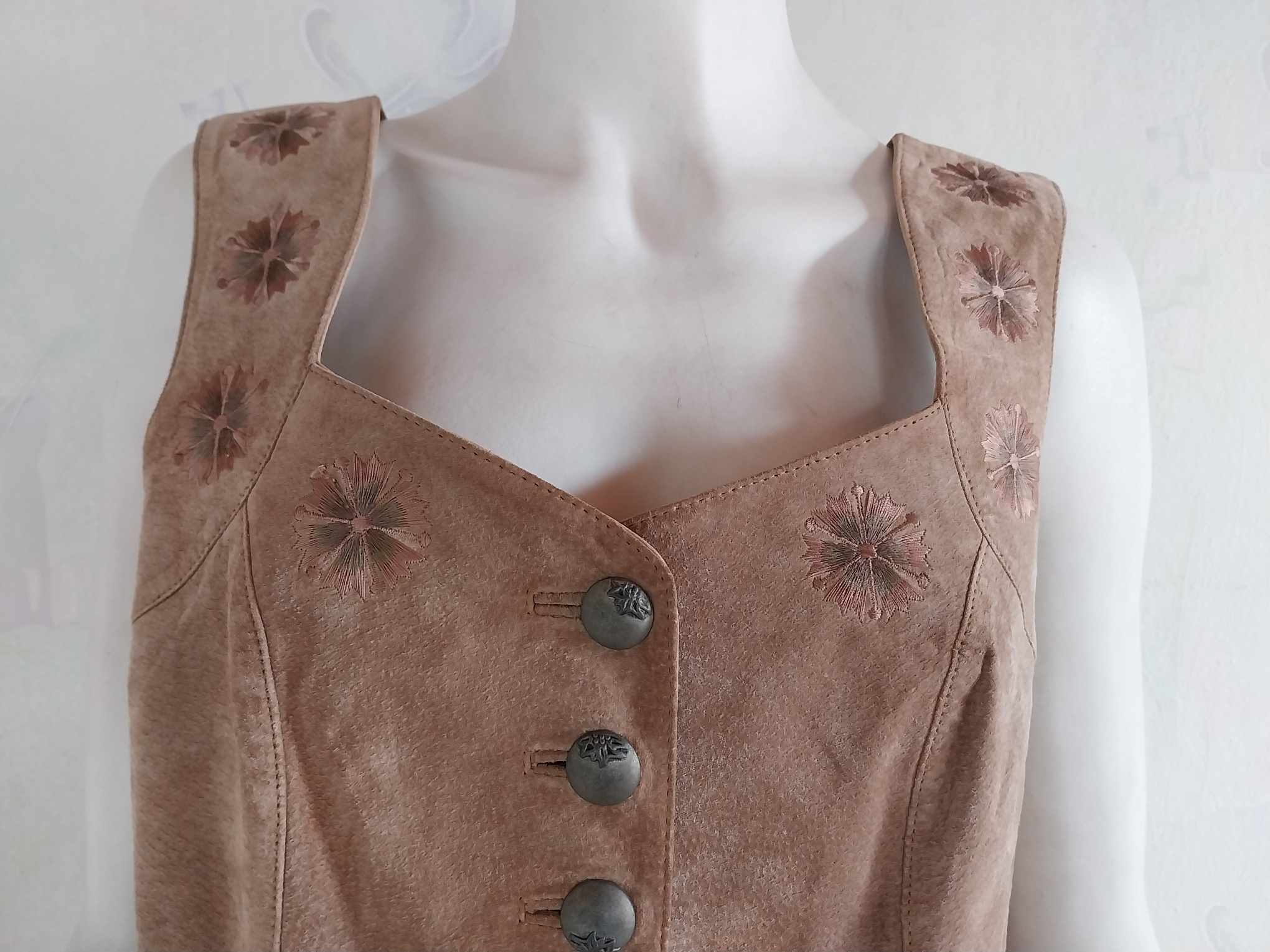 Vintage Alphorn Suede Vest / Top with Floral Embroidery — Size 42