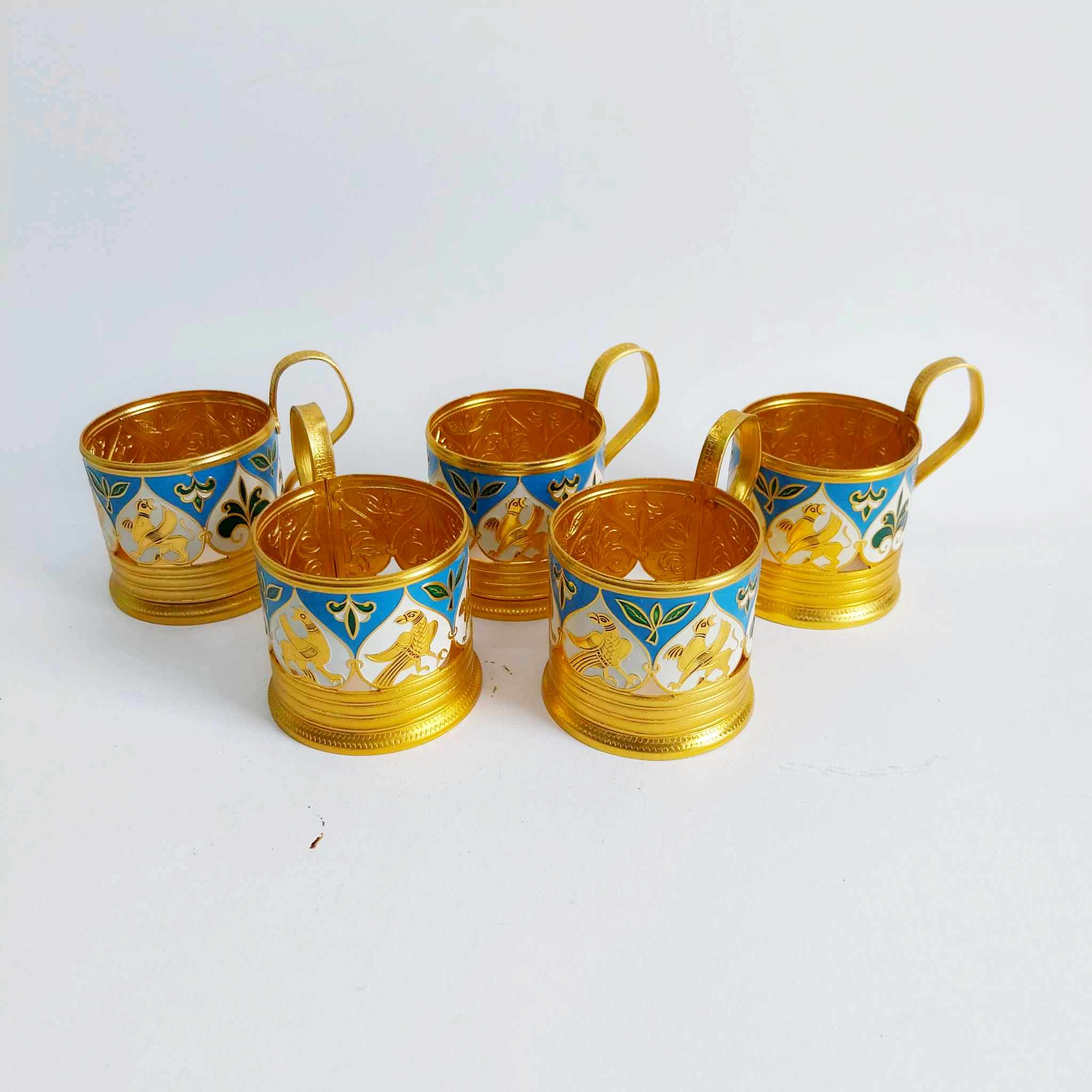 Set of 5 USSR Glass Holders, Aluminum, Enameled, Vintage Soviet Podstakannik