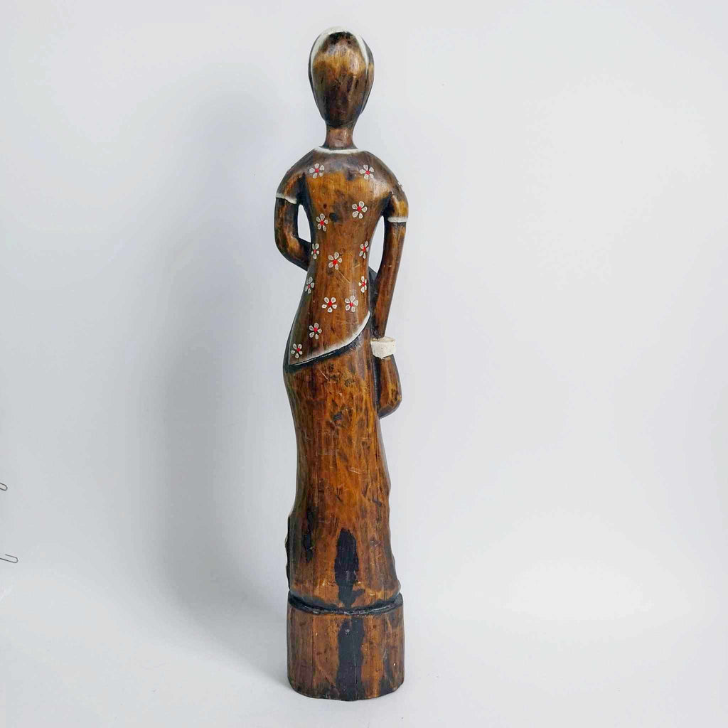 Vintage Tall Wooden Female Figure with Floral Motifs
