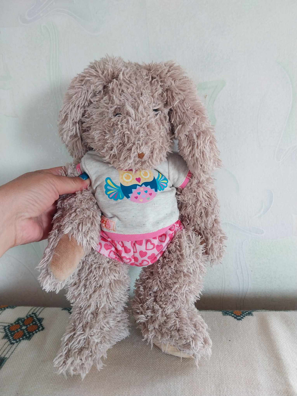 Moulin Roty Plush Rabbit – Fluffy Bunny with Owl T-shirt & Heart Shorts