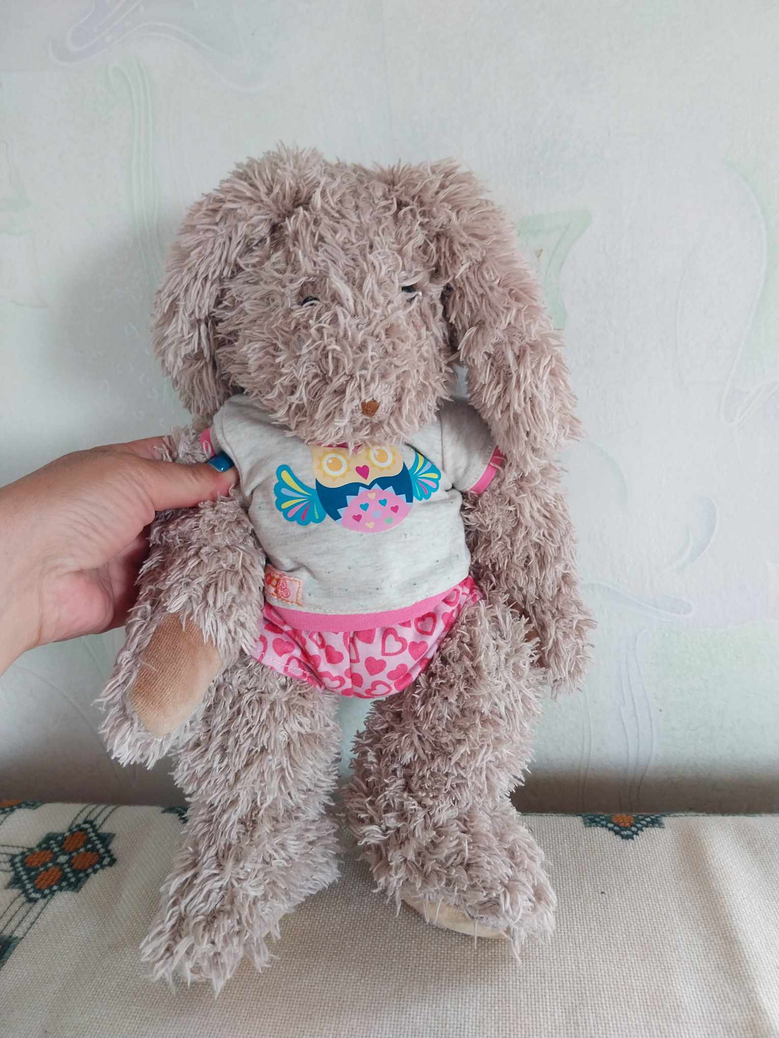 Moulin Roty Plush Rabbit – Fluffy Bunny with Owl T-shirt & Heart Shorts