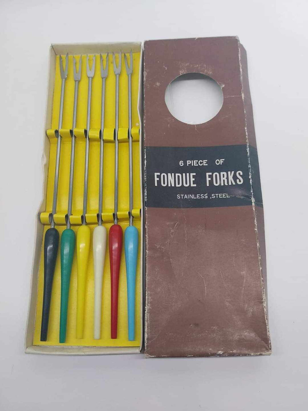 Set of 6 vintage stainless steel fondue forks with coloured handles in original yellow-lined box