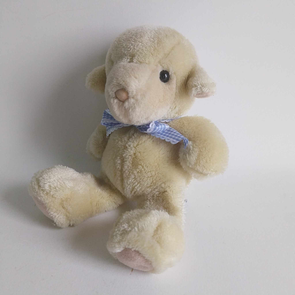 Vintage Heunec Plush Lamb Stuffed Animal 1990s Germany Blue Bow