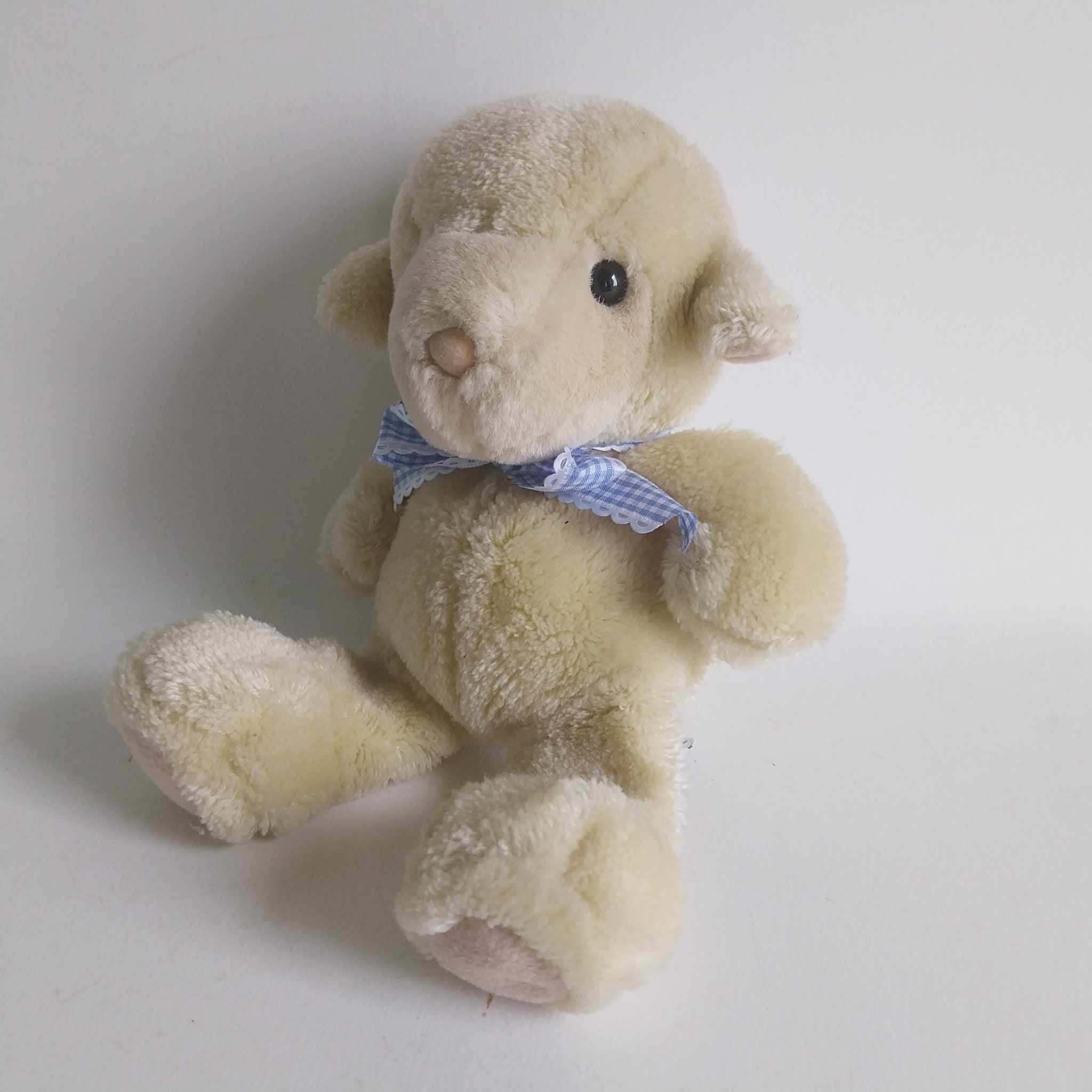 Vintage Heunec Plush Lamb Stuffed Animal 1990s Germany Blue Bow