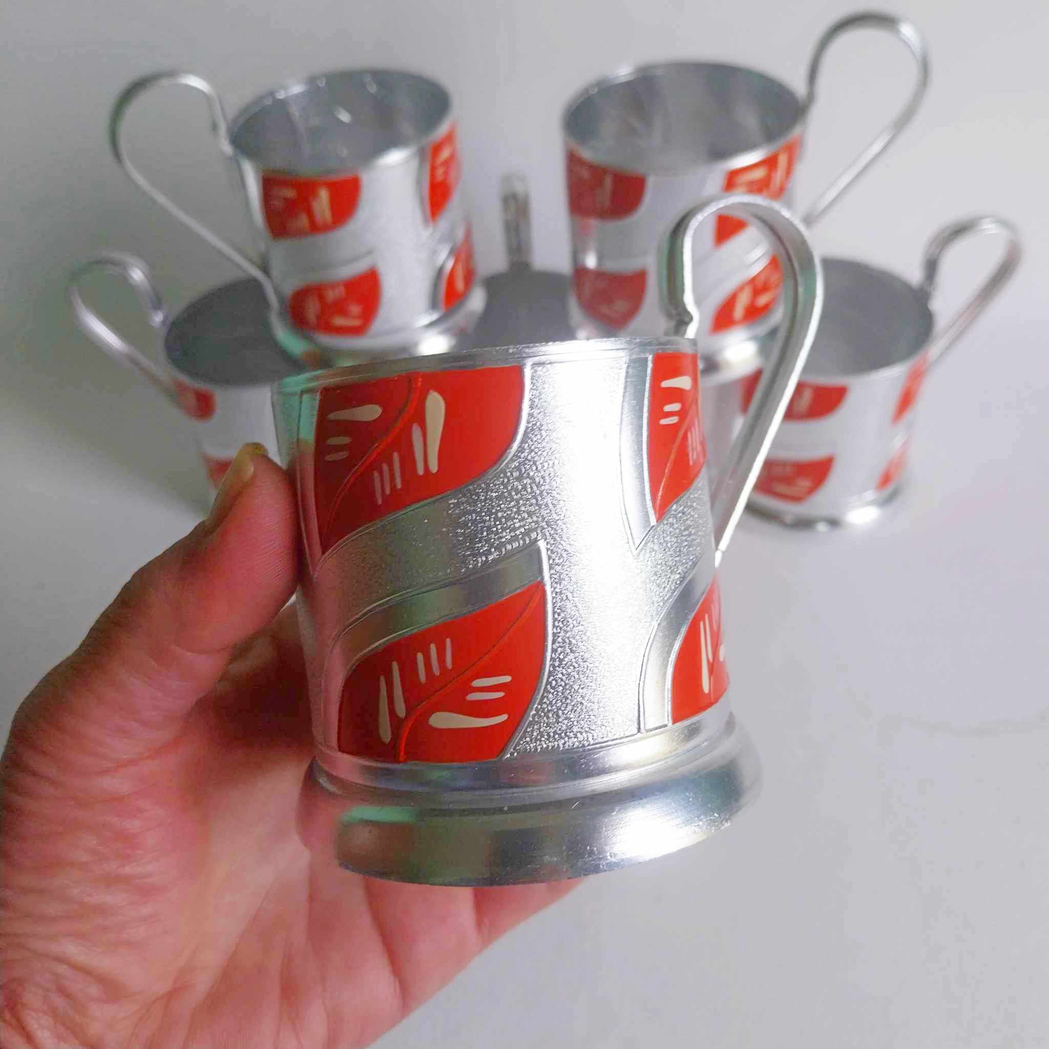 Vintage Soviet Podstakannik Tea Glass Holders — Set of 6, Red & Silver