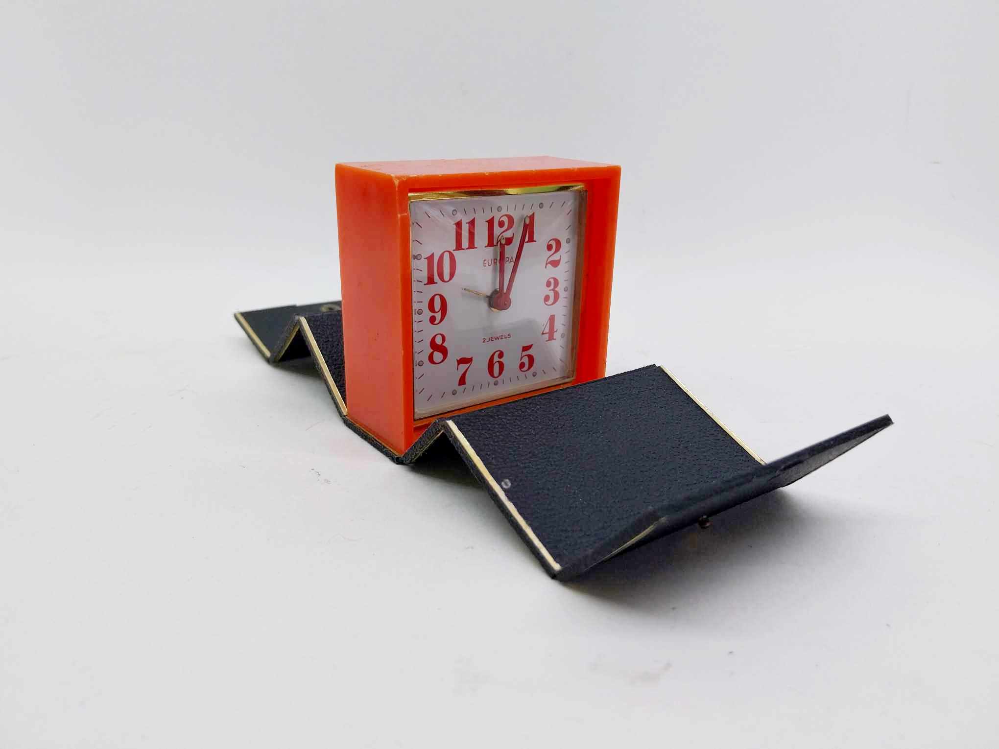 Vintage mechanical alarm clock EUROPA in folding case, German tourist alarm clock
