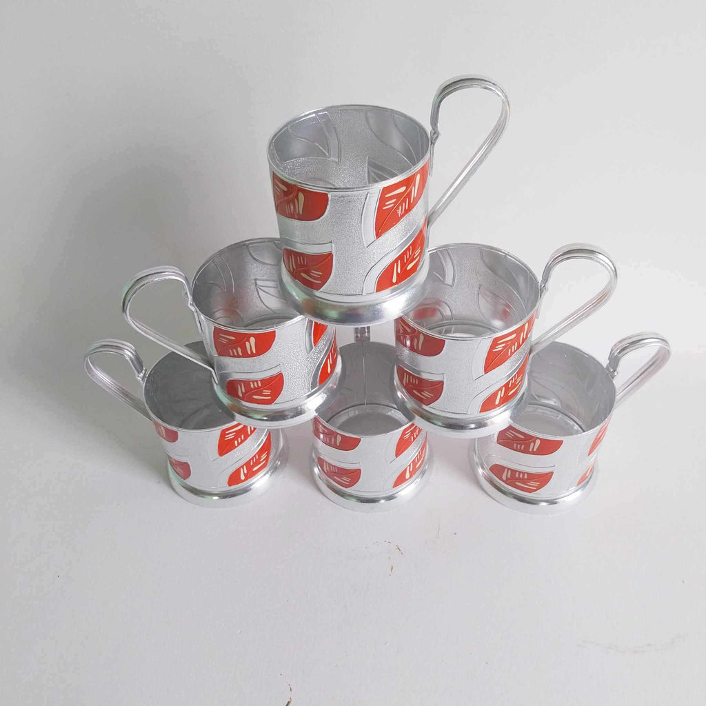Vintage Soviet Podstakannik Tea Glass Holders — Set of 6, Red & Silver