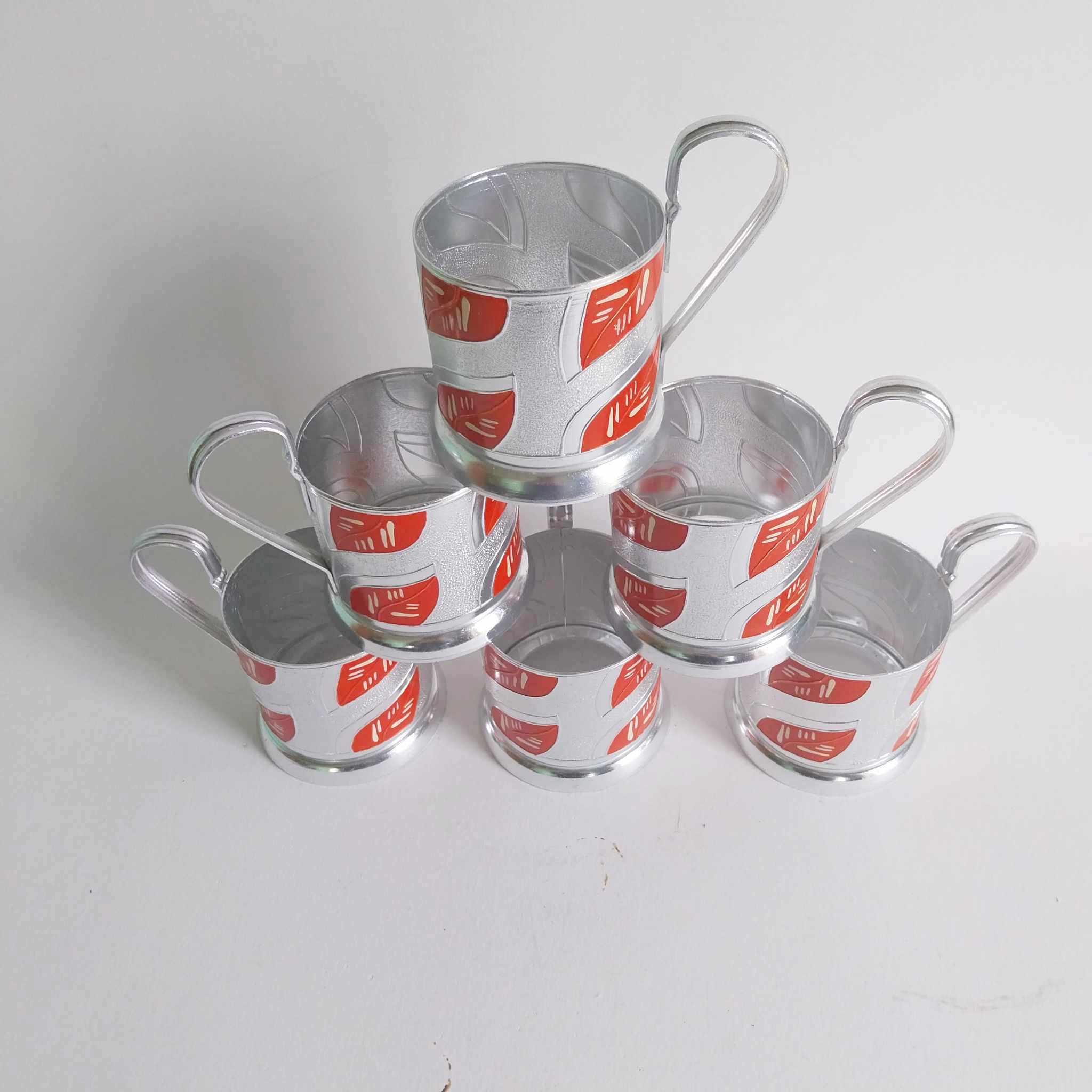 Vintage Soviet Podstakannik Tea Glass Holders — Set of 6, Red & Silver