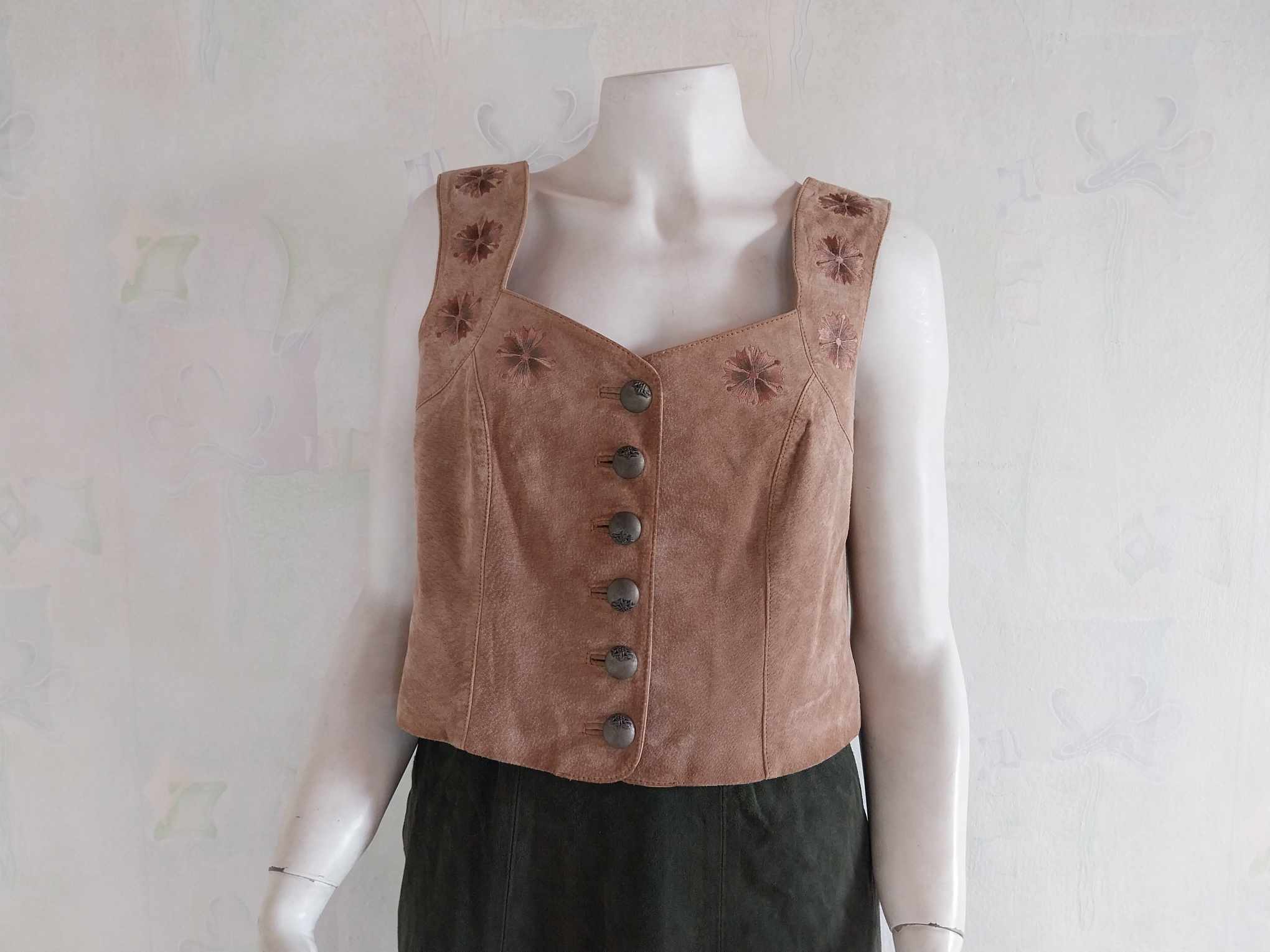 Vintage Alphorn Suede Vest / Top with Floral Embroidery — Size 42