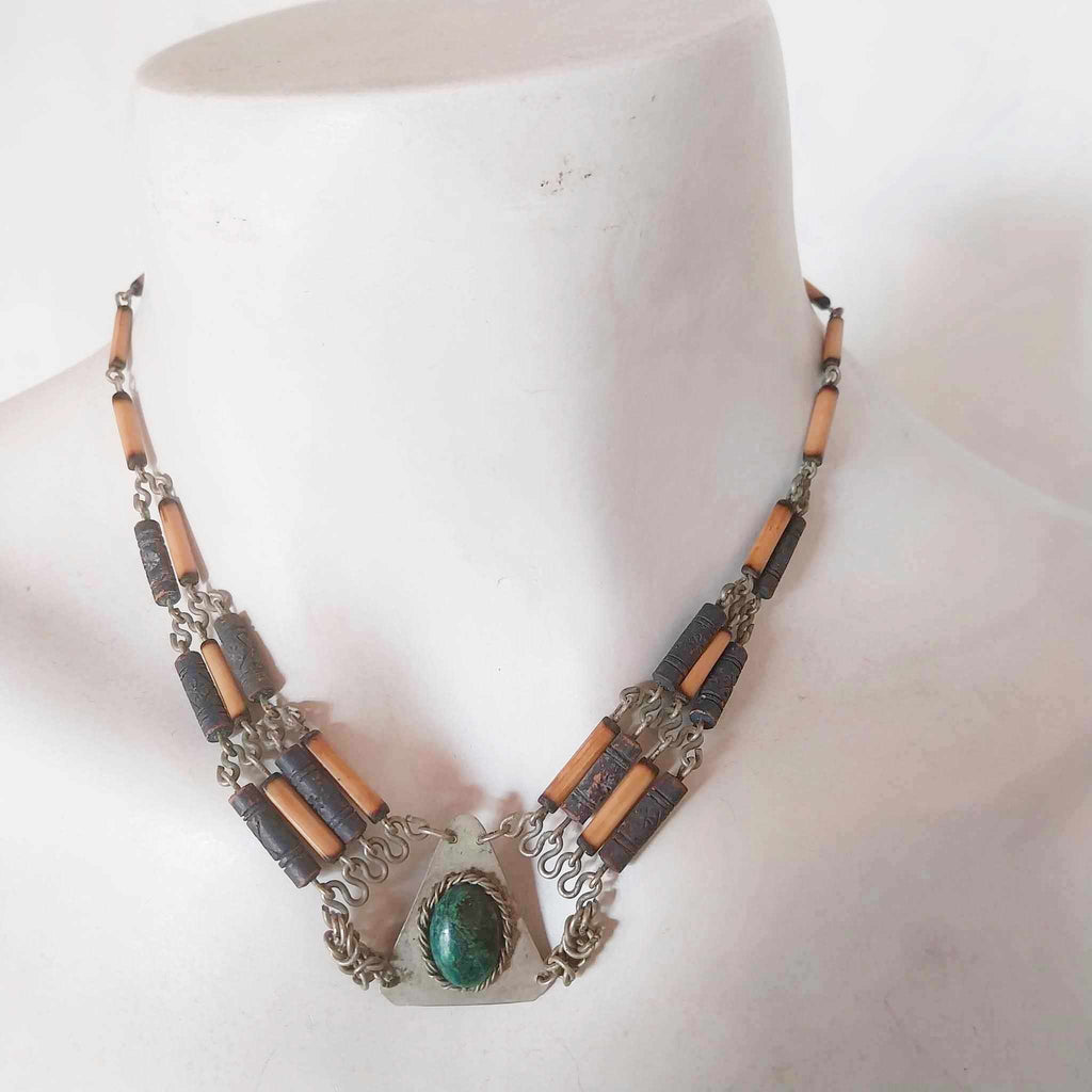 Unique antique necklace with green malachite