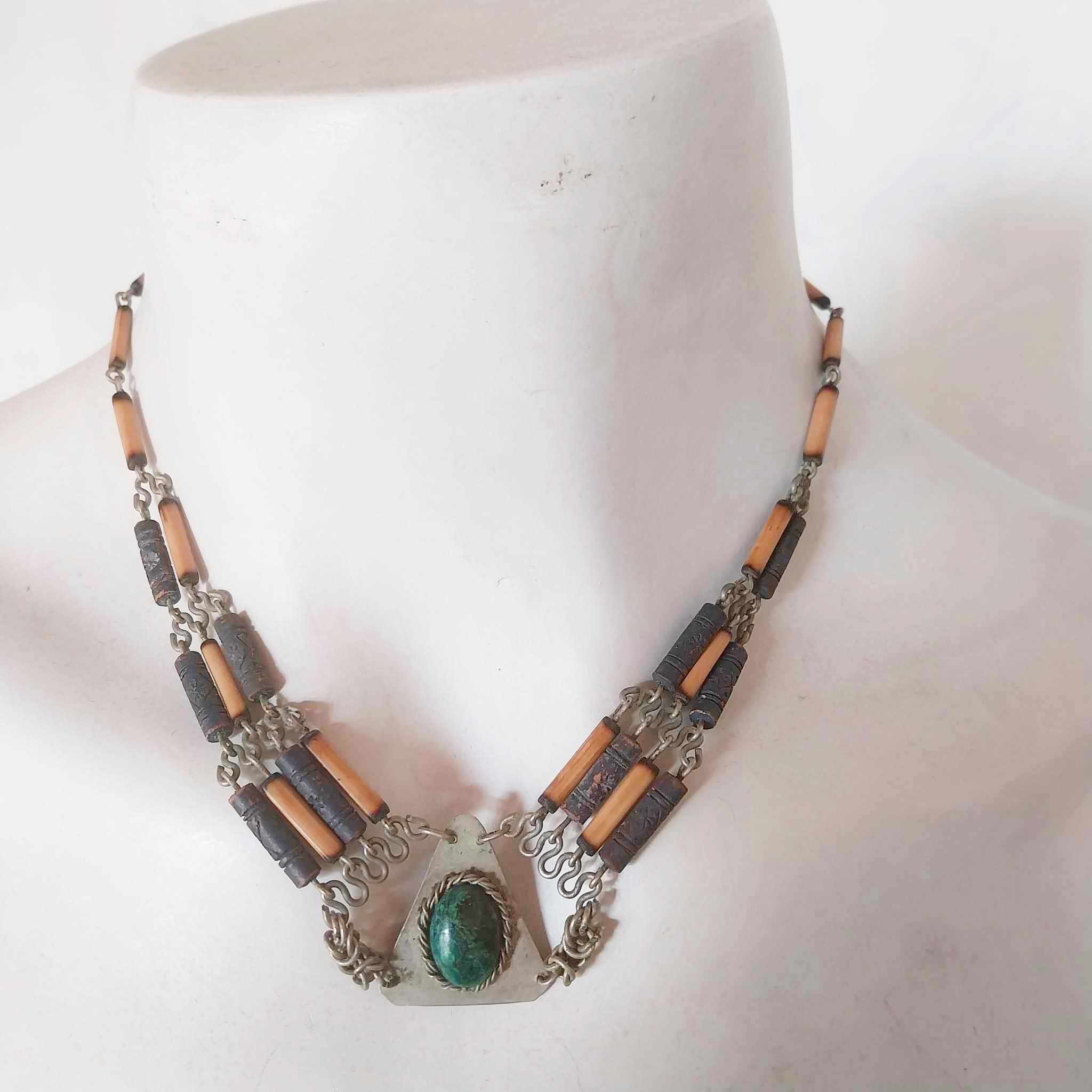 Unique antique necklace with green malachite