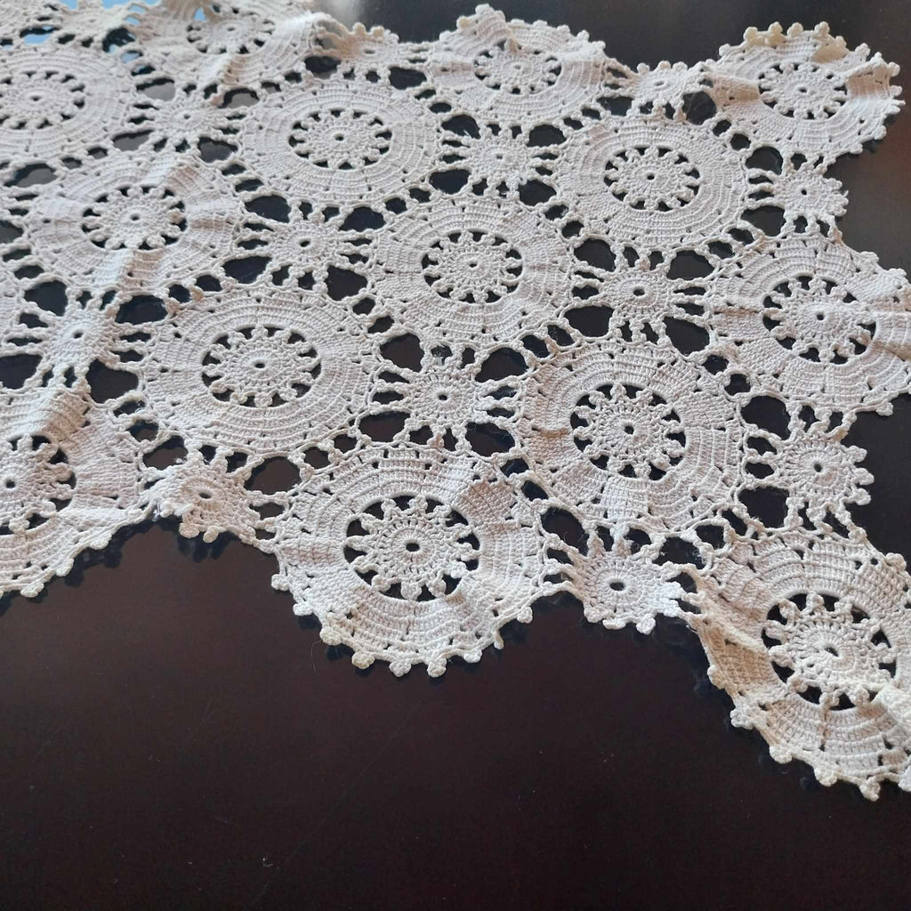 Vintage Hand-Crocheted Lace Table Runner — White Circular Motif Doily Mat