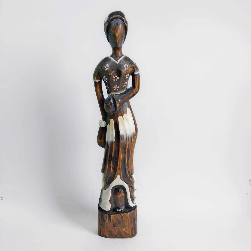 Vintage Tall Wooden Female Figure with Floral Motifs