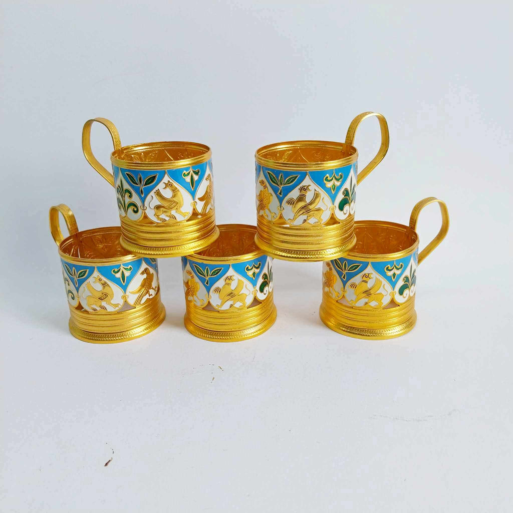 Set of 5 USSR Glass Holders, Aluminum, Enameled, Vintage Soviet Podstakannik