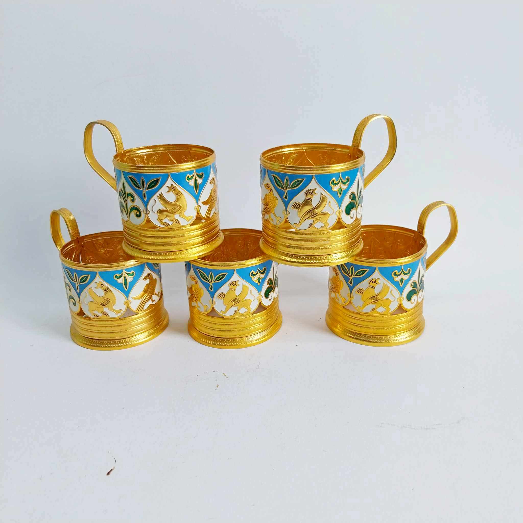 Set of 5 USSR Glass Holders, Aluminum, Enameled, Vintage Soviet Podstakannik