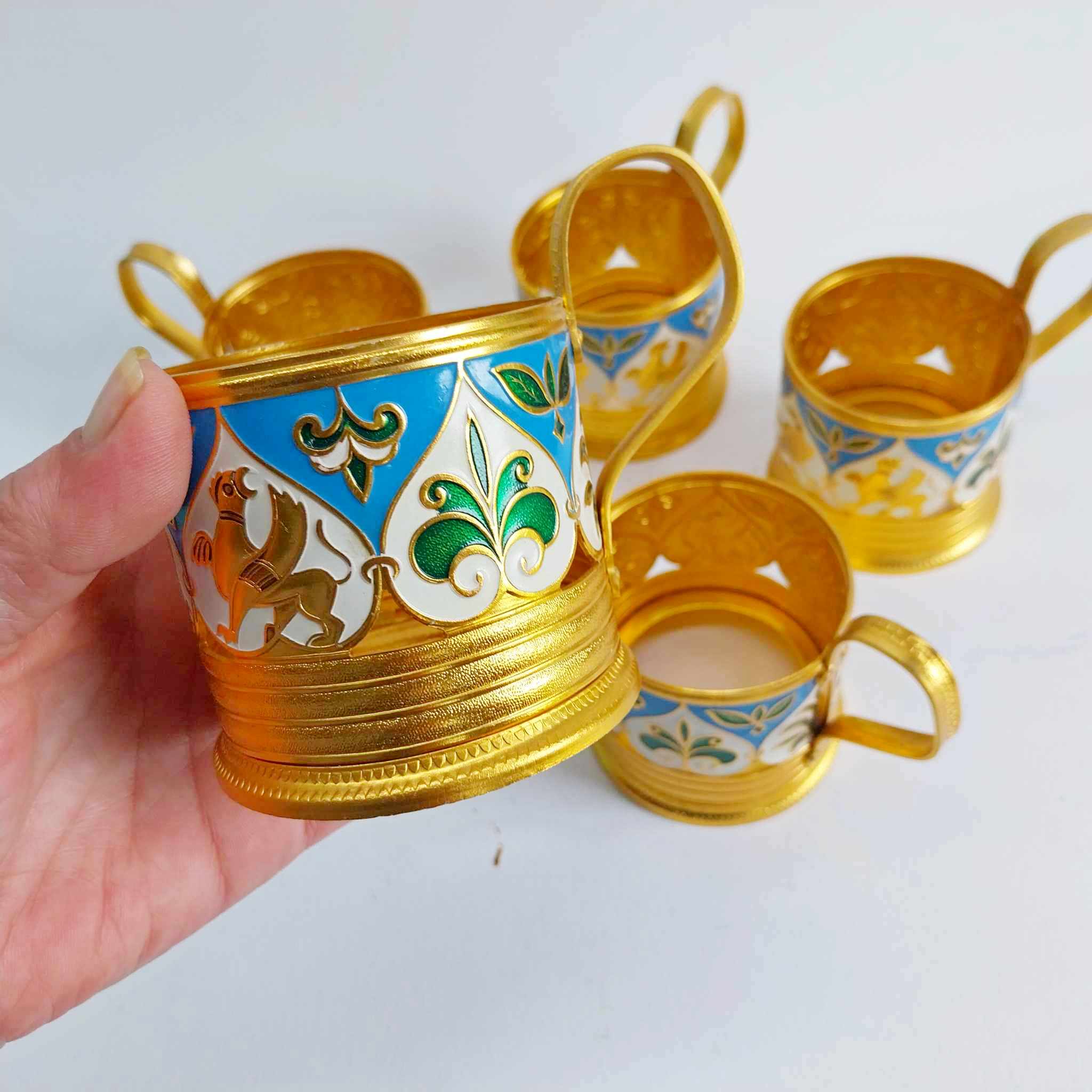 Set of 5 USSR Glass Holders, Aluminum, Enameled, Vintage Soviet Podstakannik