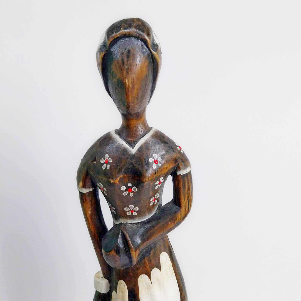 Vintage Tall Wooden Female Figure with Floral Motifs