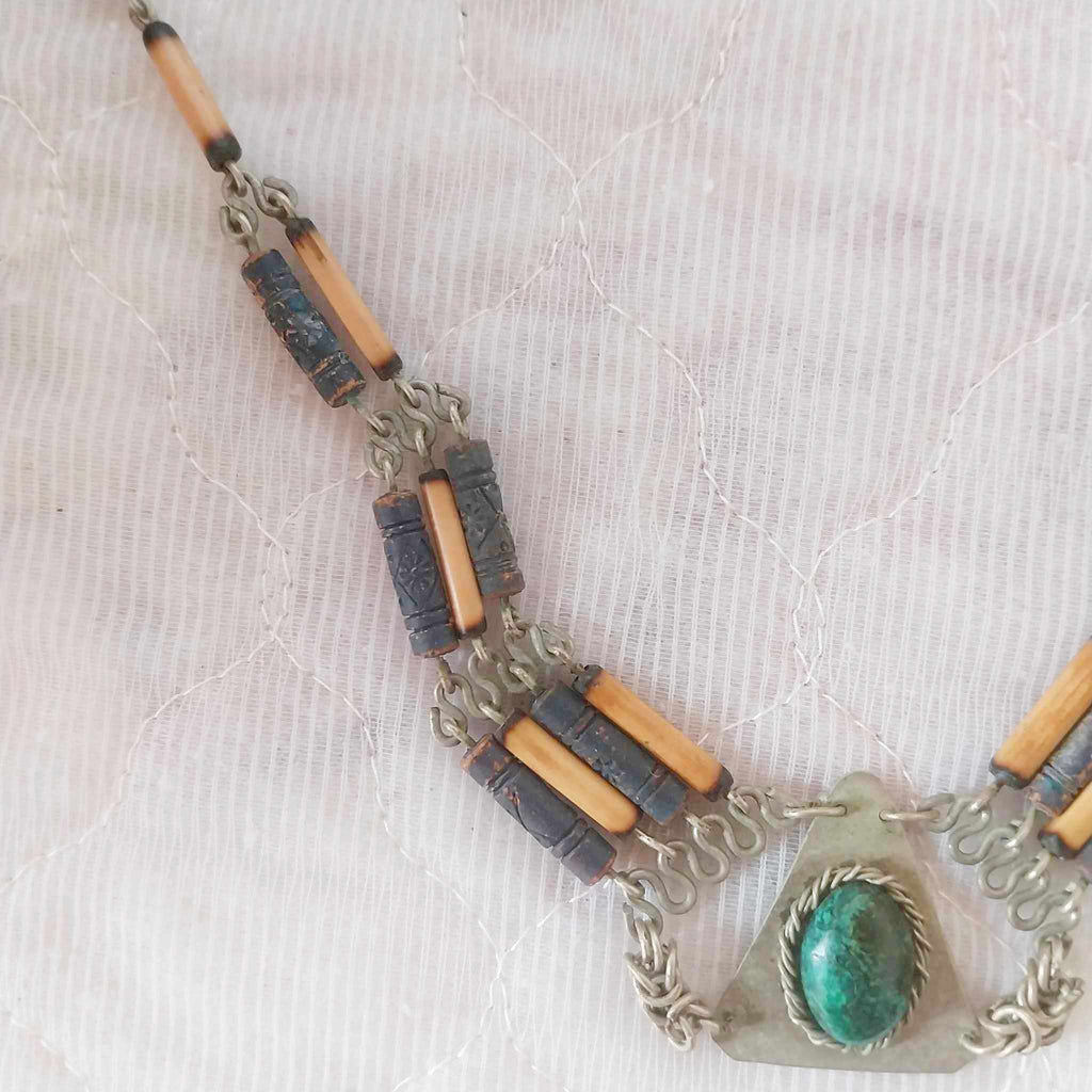 Unique antique necklace with green malachite