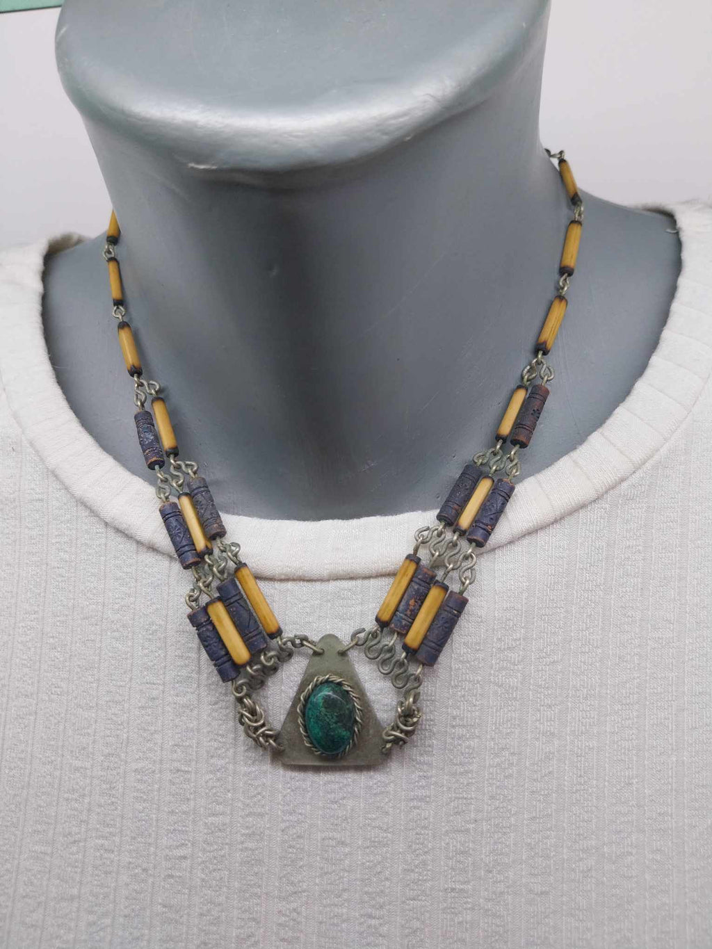 Unique antique necklace with green malachite