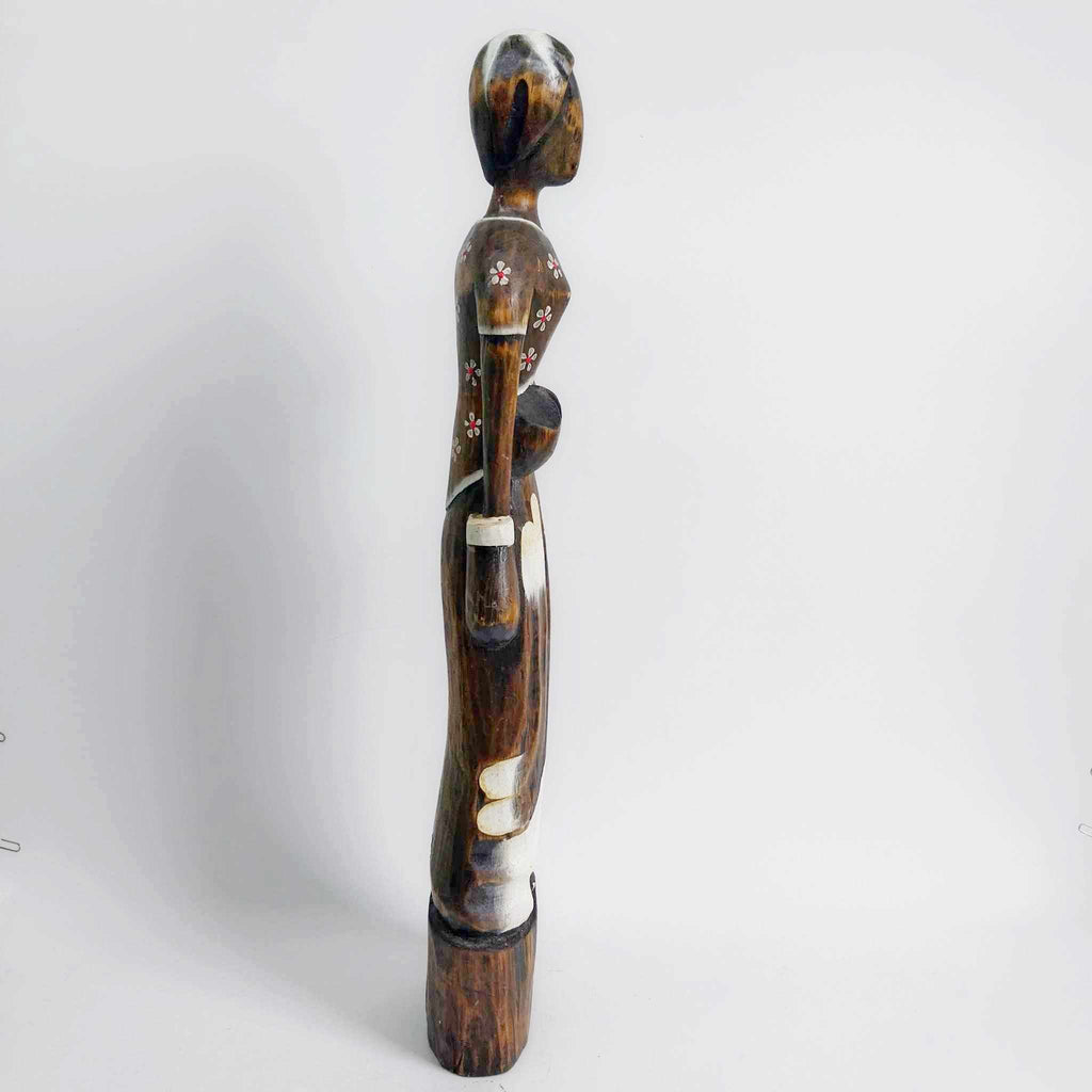 Vintage Tall Wooden Female Figure with Floral Motifs