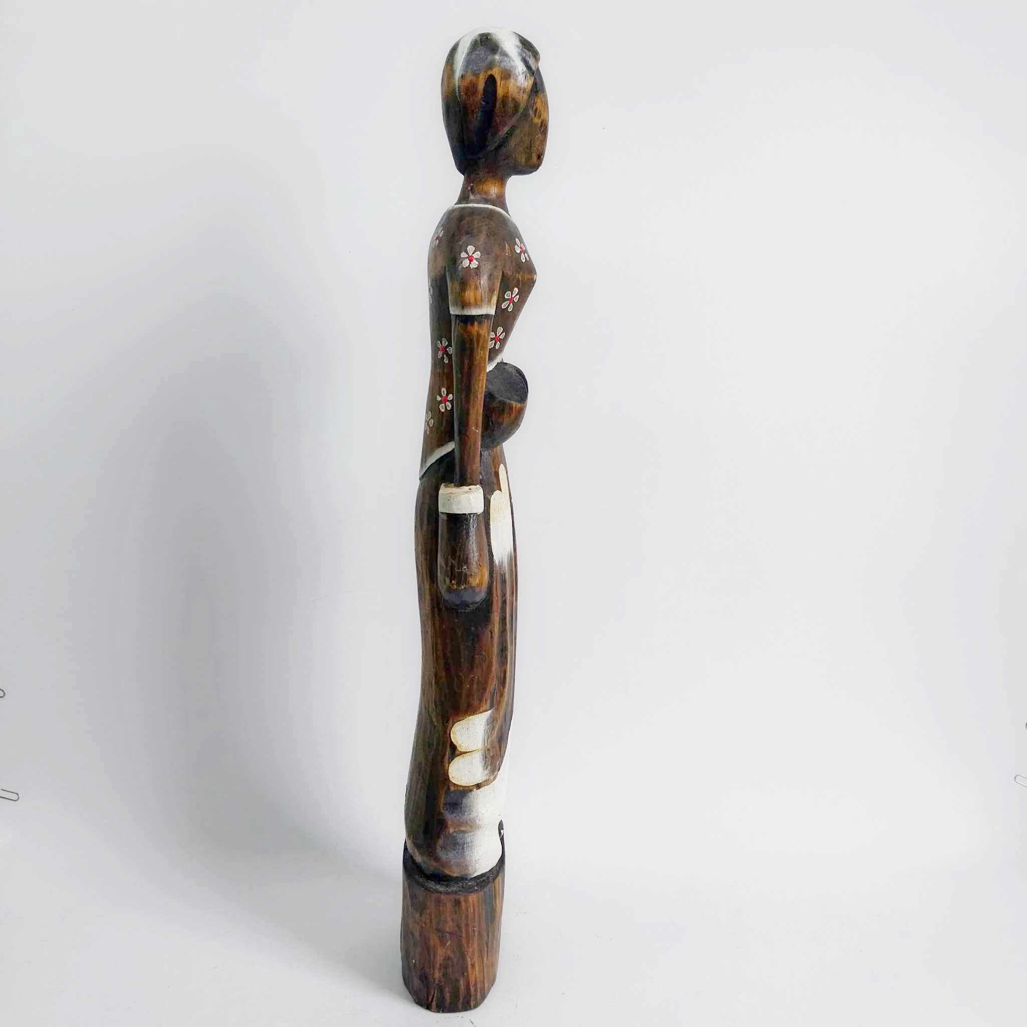 Vintage Tall Wooden Female Figure with Floral Motifs