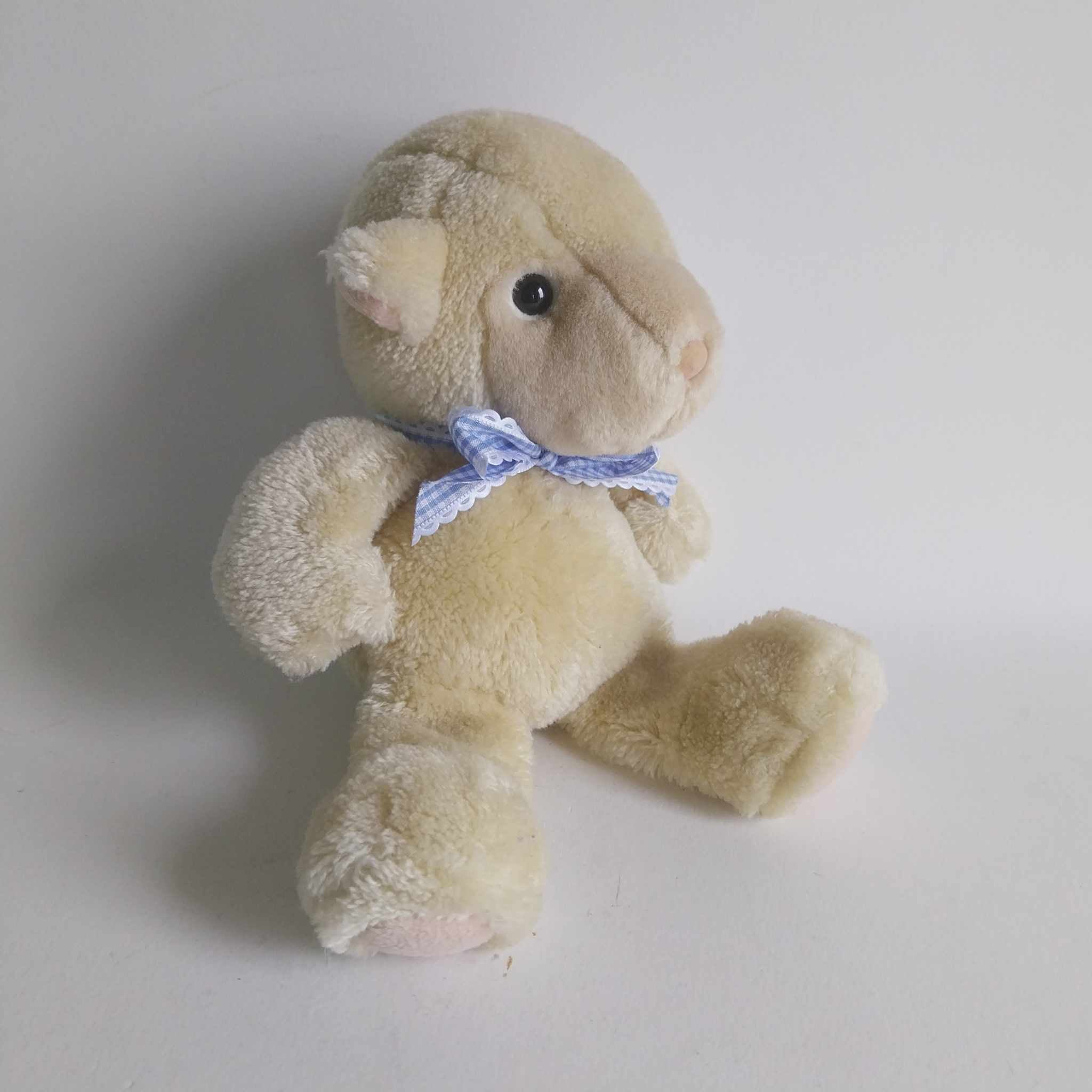 Vintage Heunec Plush Lamb Stuffed Animal 1990s Germany Blue Bow