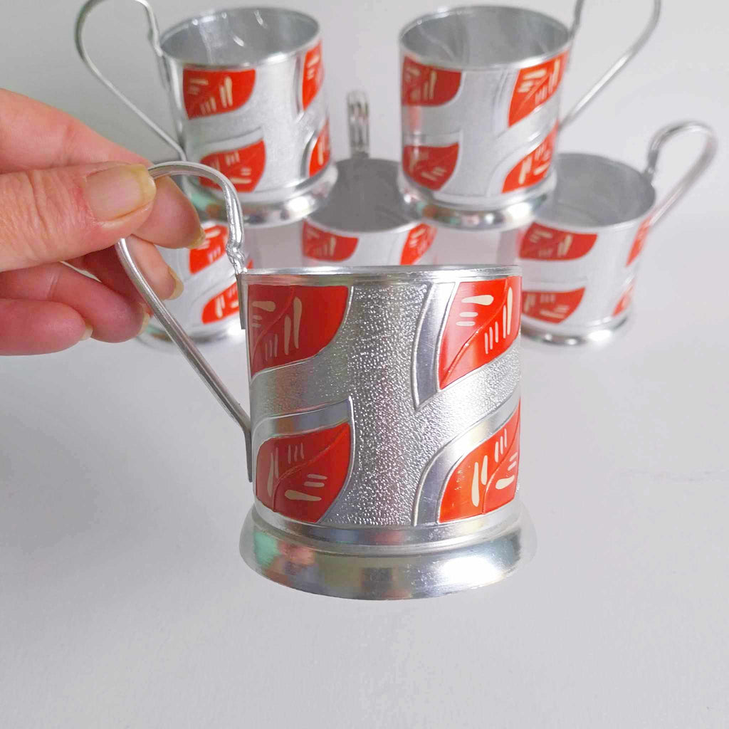 Vintage Soviet Podstakannik Tea Glass Holders — Set of 6, Red & Silver