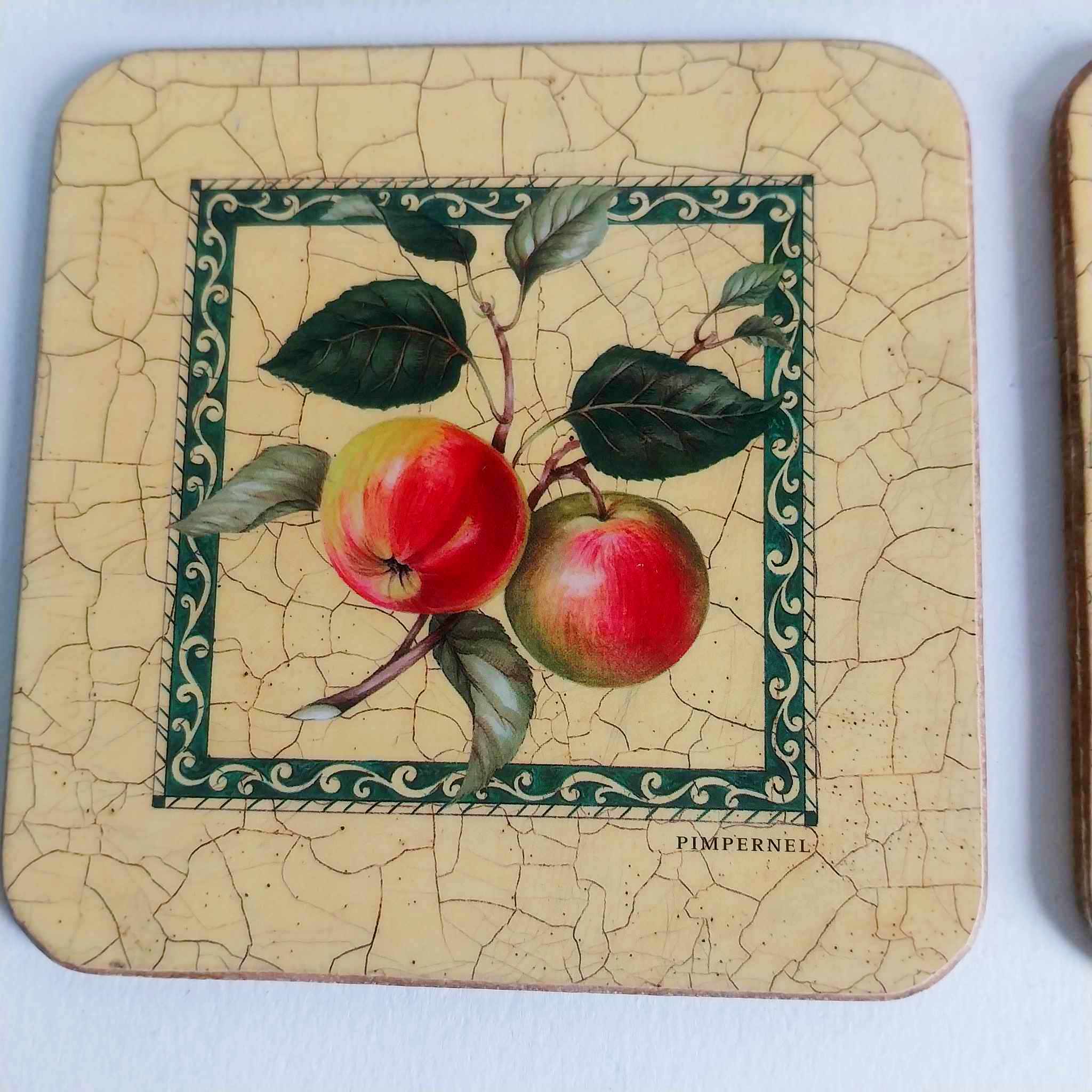 Vintage Pimpernel Cork Coasters – Set of 6, Apple Botanical Illustration