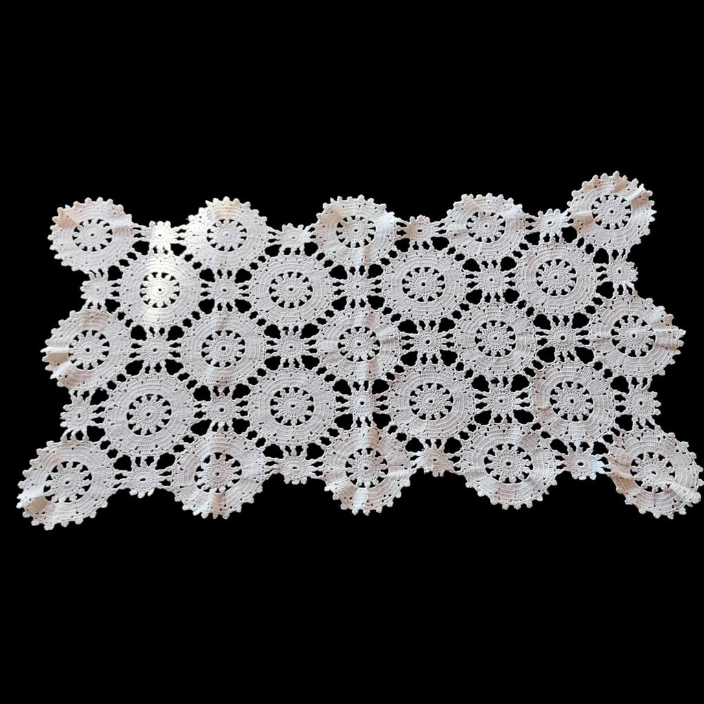 Vintage hand-crocheted white lace table runner with circular medallion motifs
